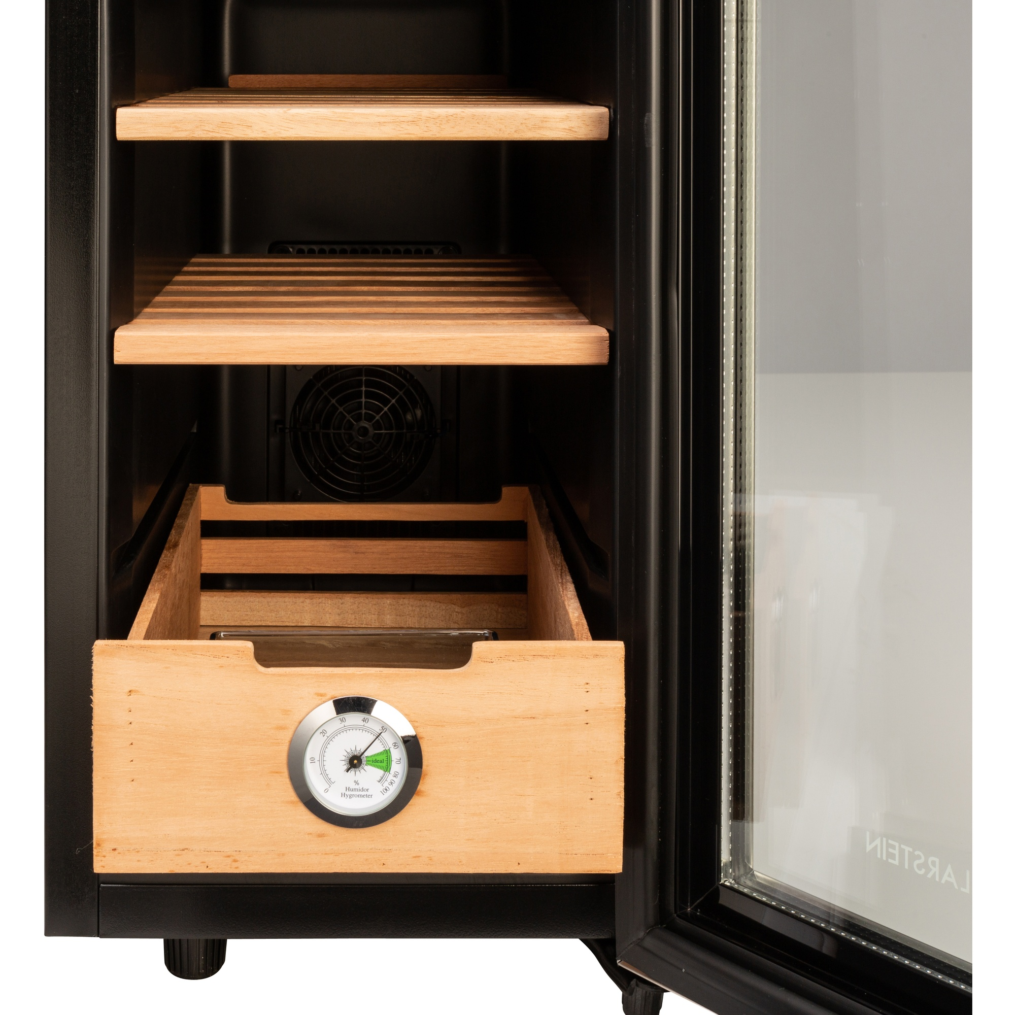Interno dell'humidor per sigari. Ripiani e cassetto in legno, ventola e igrometro. Porta in vetro trasparente a destra.