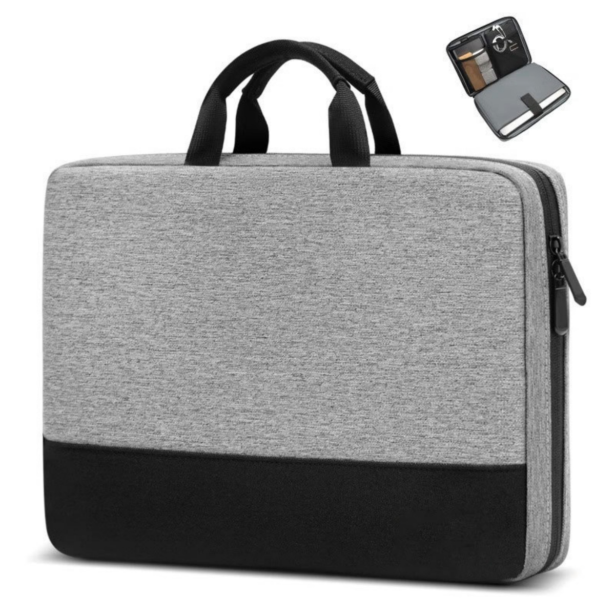 Eine grau-schwarze Laptoptasche mit schwarzen Griffen, Reißverschluss und eine kleine offene Tasche mit Gegenständen darin.