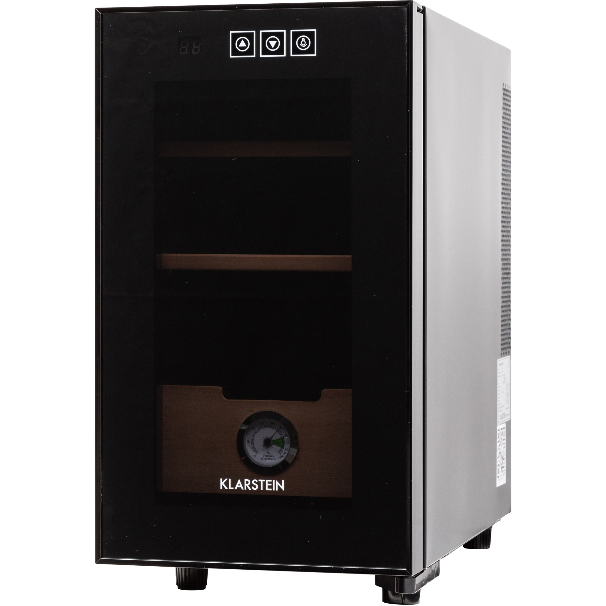 Un humidor Klarstein nero con porta in vetro, ripiani in legno e igrometro. Su sfondo bianco.