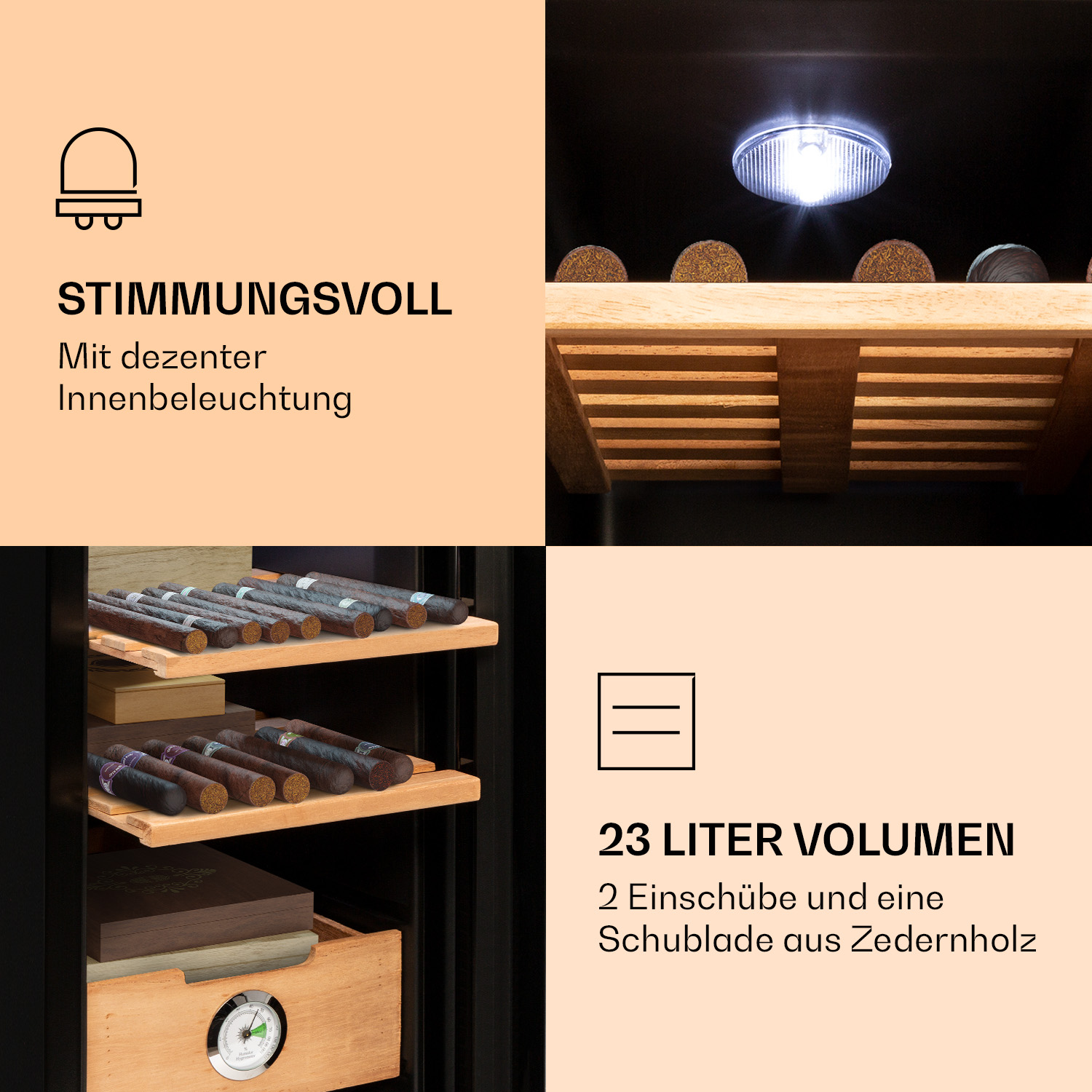 Humidor per sigari con sigari sugli scaffali, un cassetto e un termometro. Include testo sul volume e sulle caratteristiche, oltre all'illuminazione.