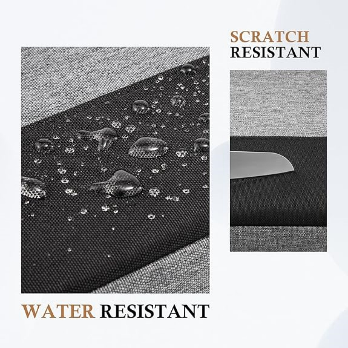 Wassertropfen auf schwarzem Stoff, grauem Stoff, mit einem Messer auf schwarzem Stoff. Text: Wasserabweisend & Kratzfest.