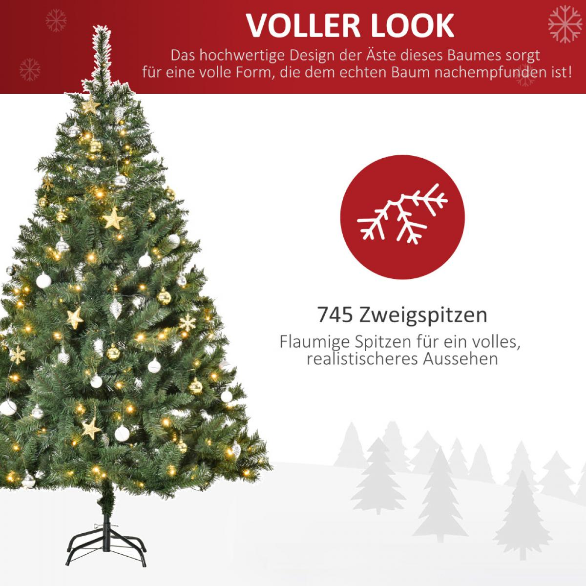 Ein geschmückter Weihnachtsbaum mit Ornamenten und Lichtern. Deutscher Text beschreibt Merkmale und Design für einen vollen Look.