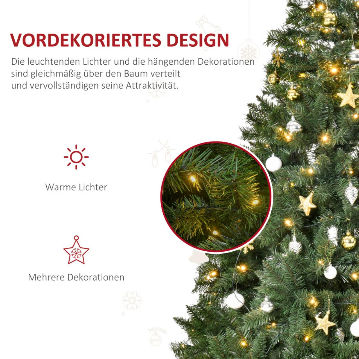 Ein geschmückter Weihnachtsbaum mit Lichtern und Ornamenten. Das Bild zeigt eine Nahaufnahme des Baumes mit Textüberlagerung.