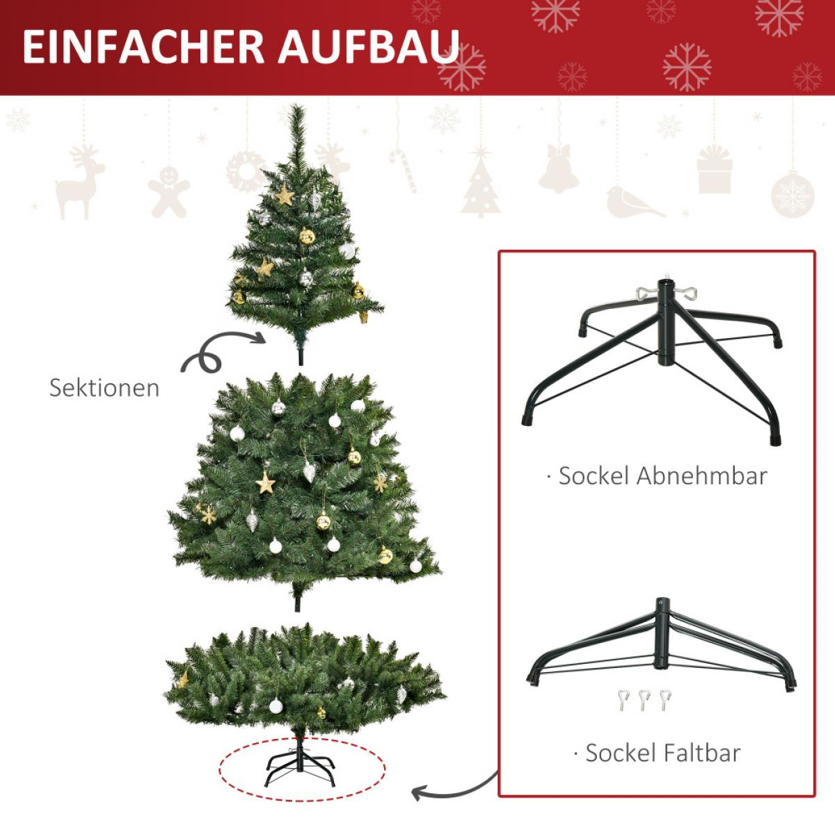 Zerlegter Weihnachtsbaum mit gezeigten Abschnitten. Basis und Ständer werden ebenfalls für den einfachen Aufbau angezeigt.