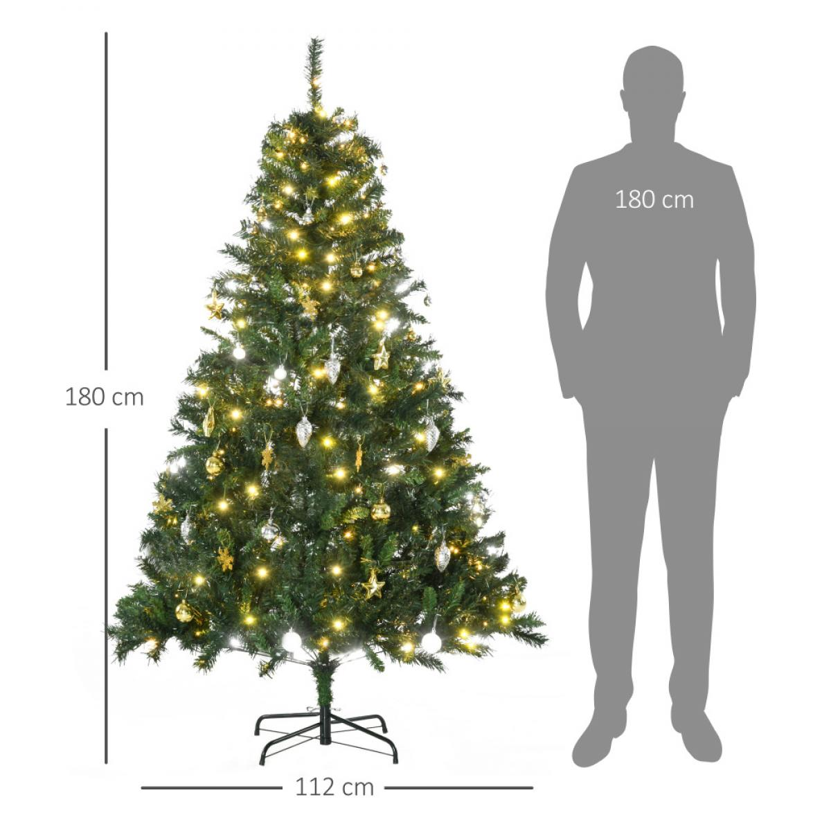Ein geschmückter Weihnachtsbaum mit Lichtern und Ornamenten. Eine graue Silhouette einer Person daneben zeigt die Höhe.