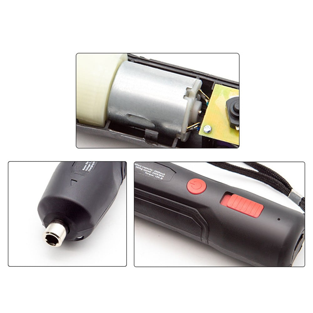 Das Bild zeigt Nahaufnahmen eines schwarzen Elektrowerkzeugs. Details umfassen einen Motor, einen roten Knopf, einen Schalter und einen Ladeanschluss.