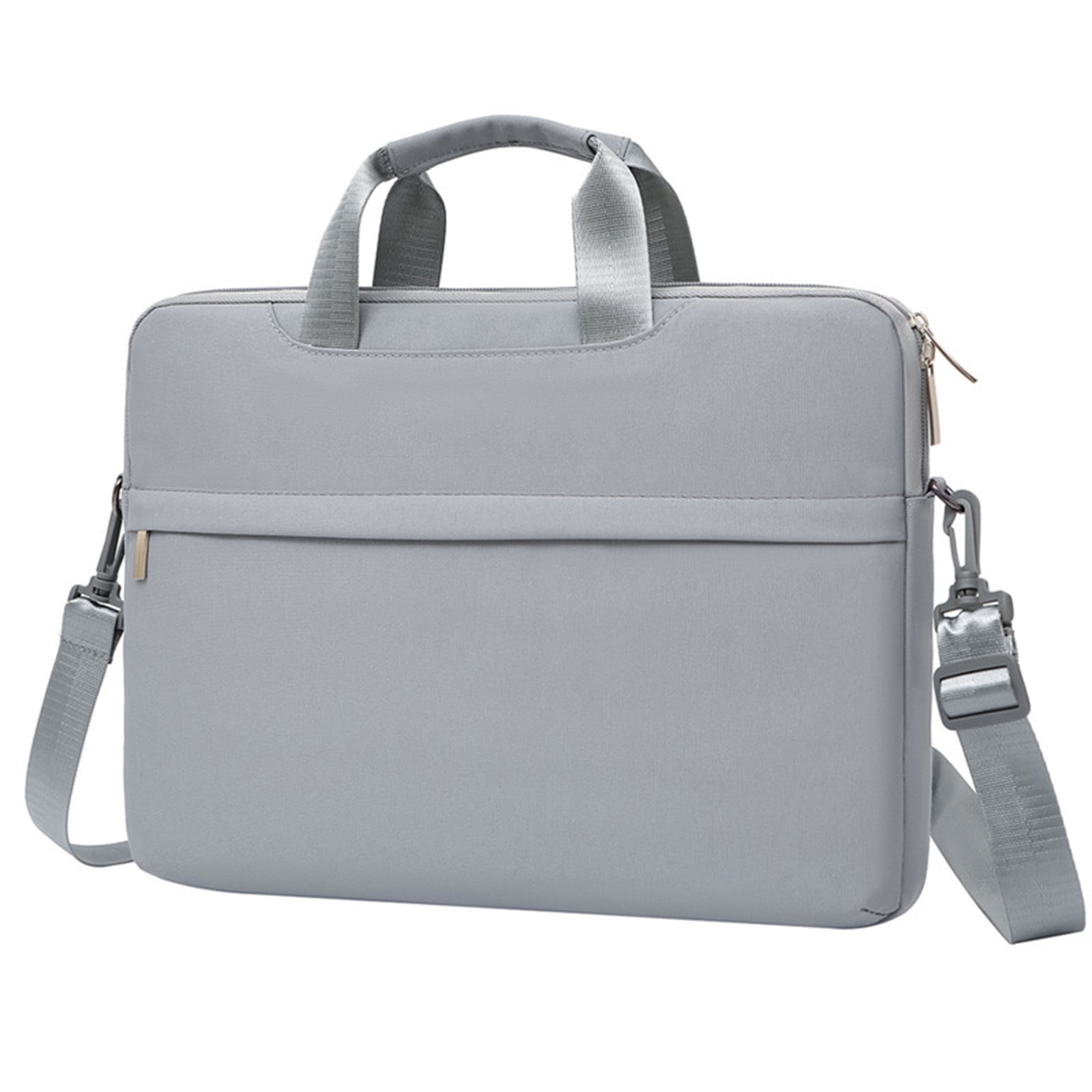 Eine graue Laptoptasche mit Henkel und Schulterriemen auf weißem Hintergrund.
