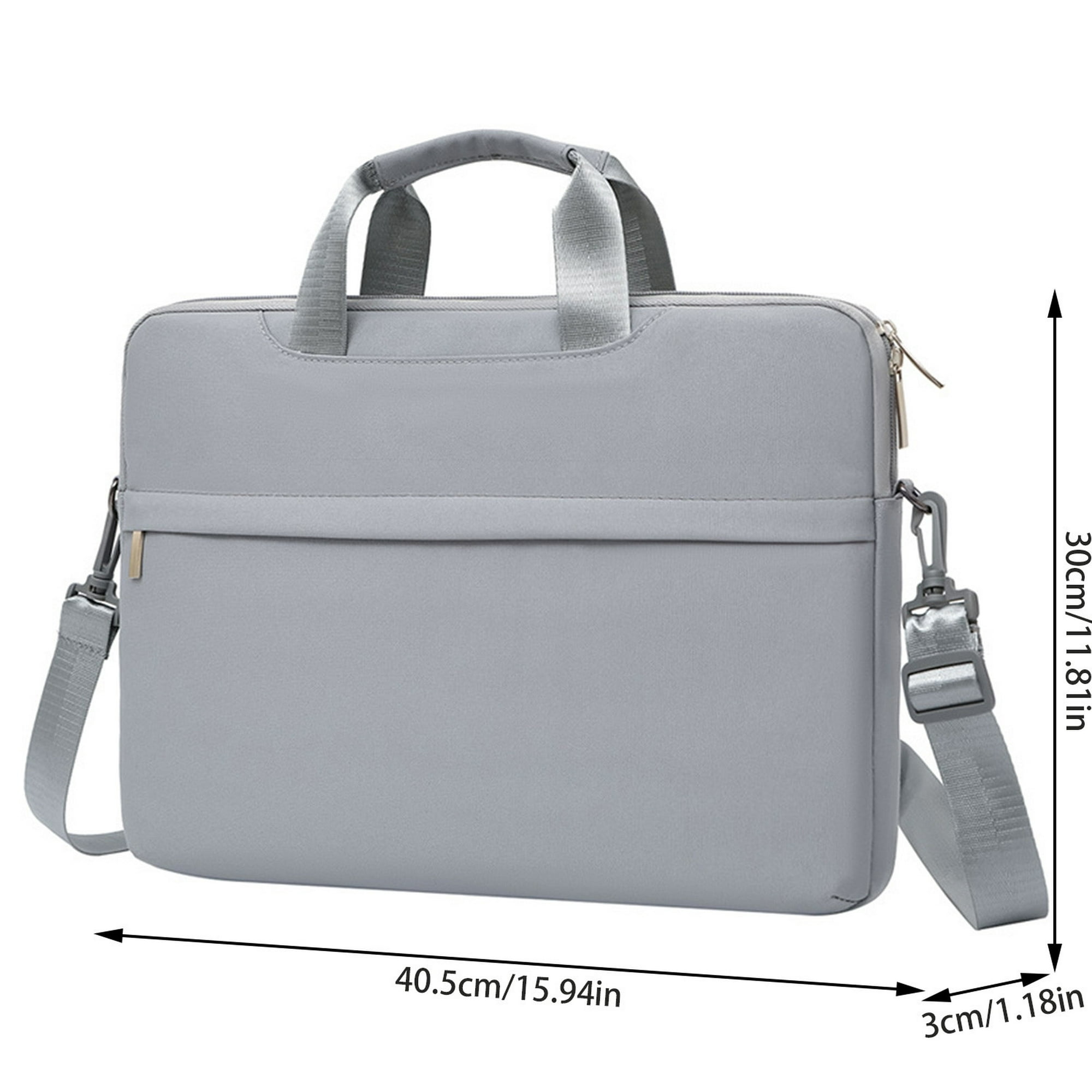 Eine graue Laptoptasche mit Henkel und Schulterriemen. Maße werden neben der Tasche angezeigt.