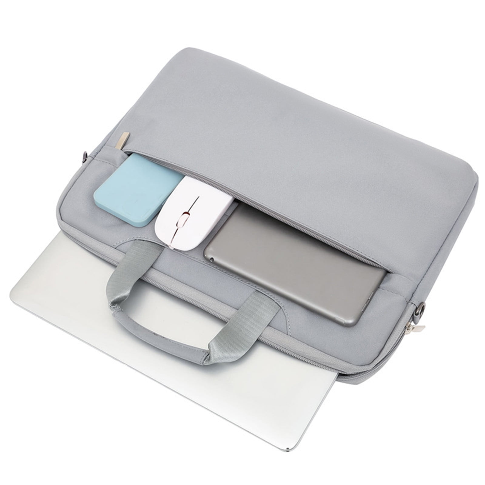 Graue Laptoptasche mit Laptop, Tablet, Maus und Telefon. Es hat einen Griff.