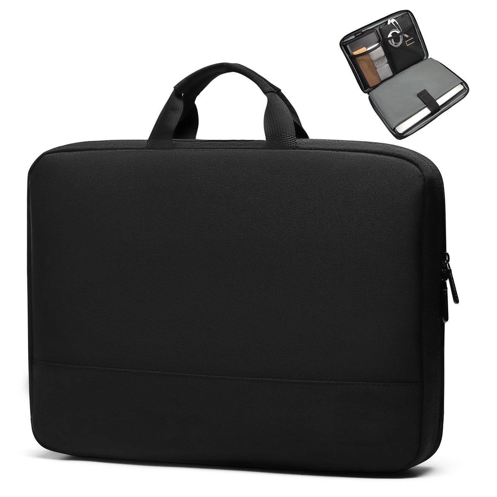 Schwarze Aktentasche mit Griff, Reißverschluss und offenem Etui mit Zubehör und Laptop.