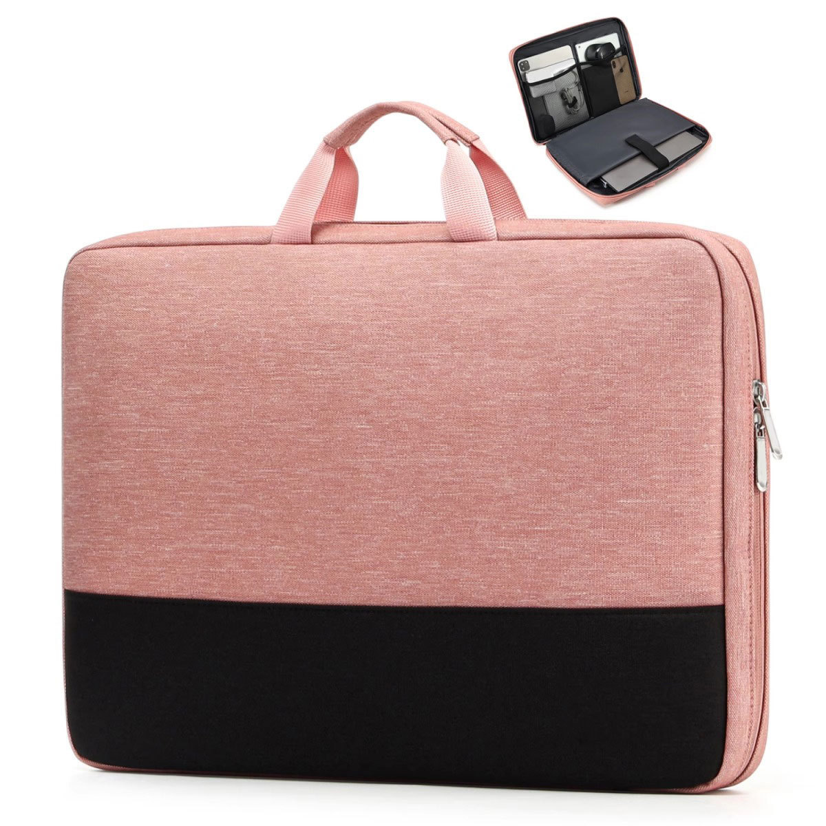 Rosa-schwarze Laptoptasche mit Griff. Oben rechts ist eine geöffnete Tasche mit Geräten.