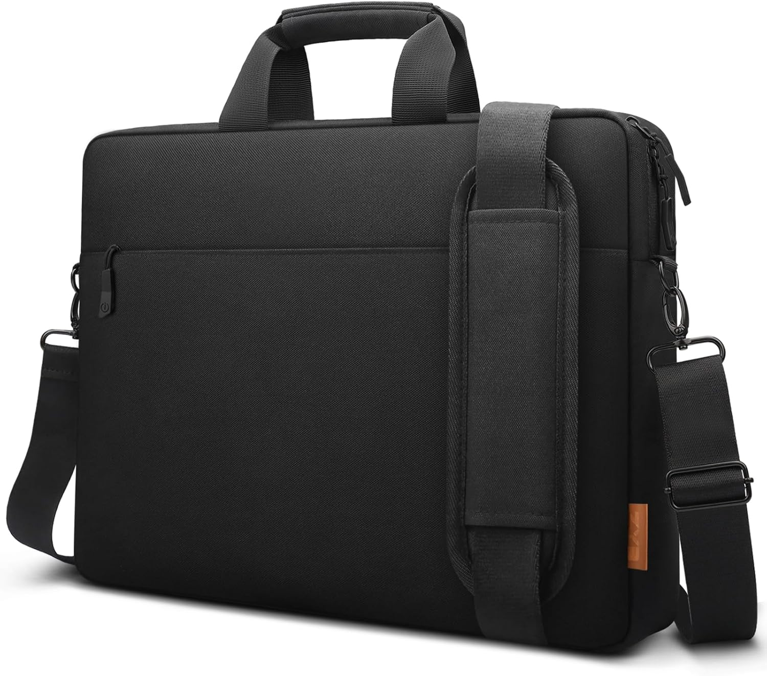 Schwarze Aktentasche mit Griff und Schulterriemen. Sie hat eine Vordertasche, einen Reißverschluss und ein kleines braunes Etikett.
