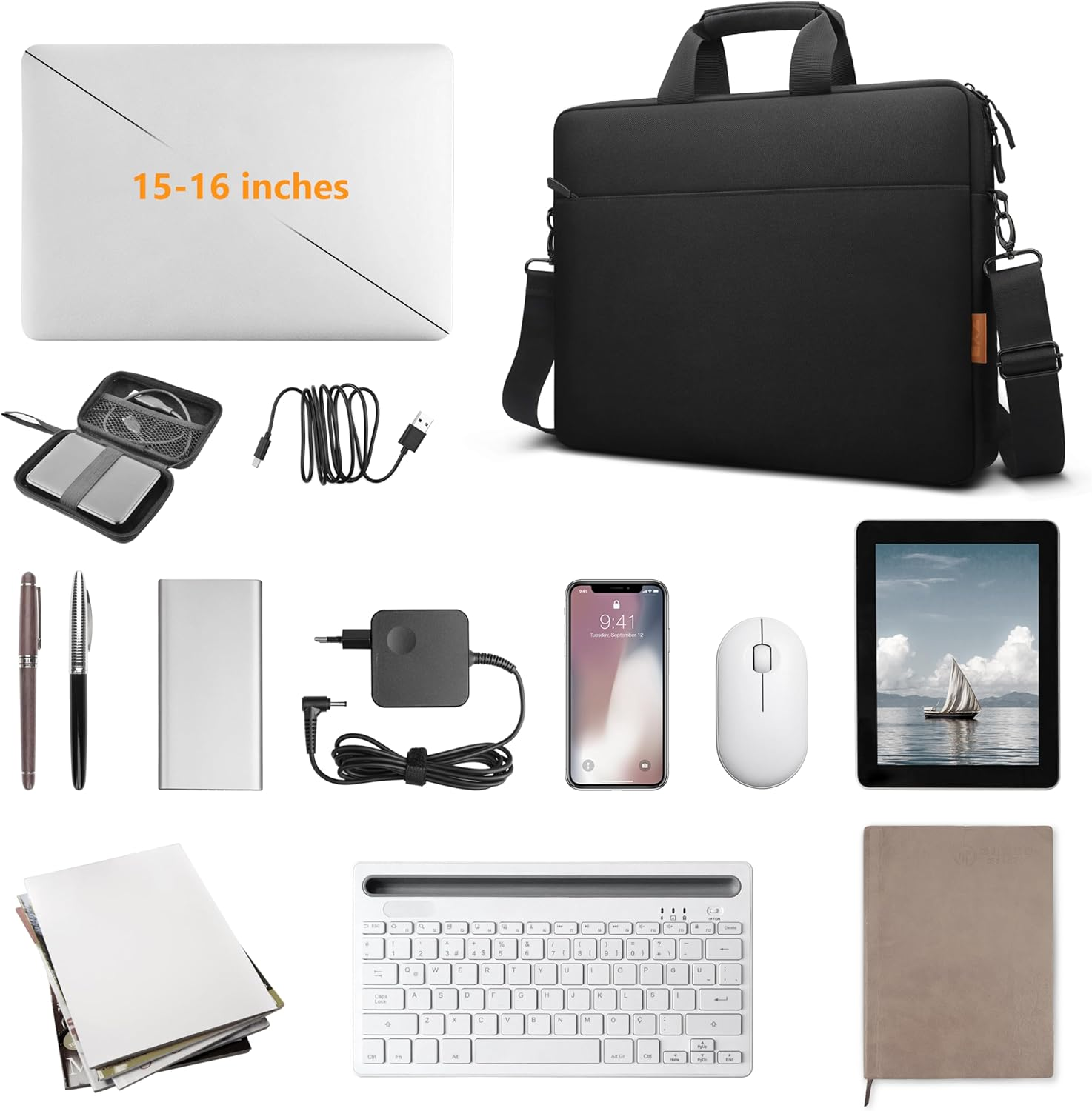 Laptop, Tasche, Zubehör, Stifte, Telefon, Maus, Tablet, Tastatur, Notizbuch. Alles auf weißem Untergrund, professionelles Setup.