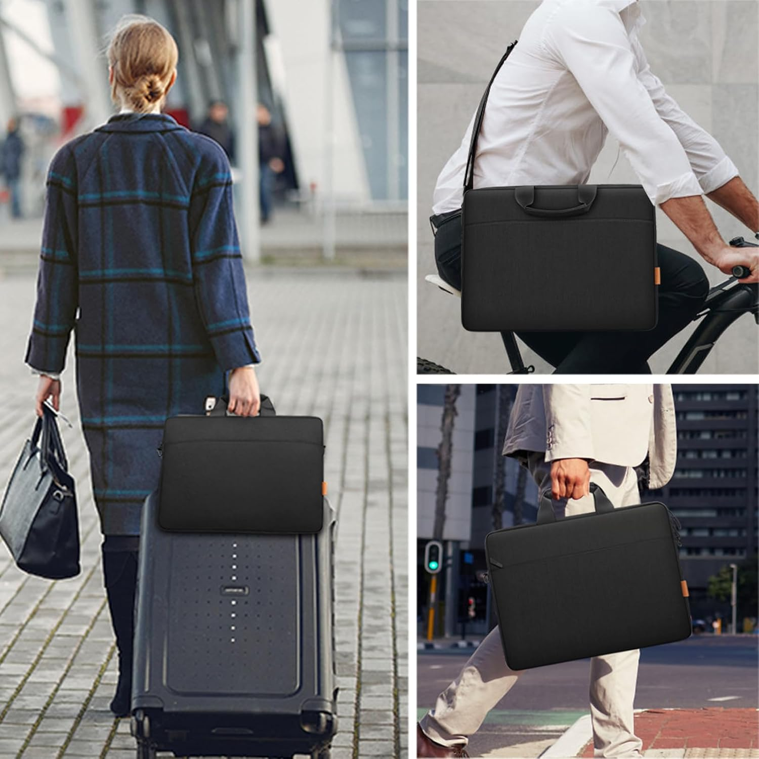 Eine Frau mit Koffer und Tasche, ein Mann auf dem Fahrrad und ein Mann zu Fuß, alle mit einer schwarzen Laptoptasche.