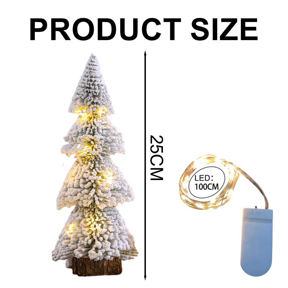 Ein kleiner, schneebedeckter Weihnachtsbaum mit Lichtern. Die Produktgröße beträgt 25 cm. Die Lichter sind 100 cm lang. Ein Akku-Pack ist abgebildet.