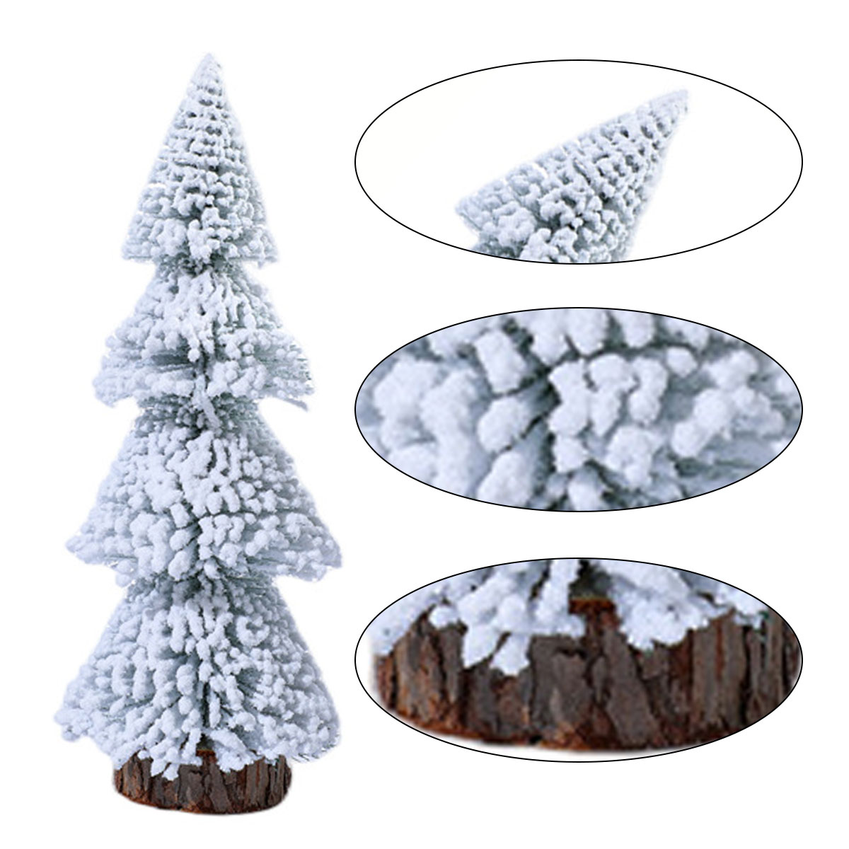 Ein kleiner dekorativer Weihnachtsbaum, der mit weißem Schnee bedeckt ist. Der Baum steht auf einem Holzsockel. Das Bild enthält auch drei Nahaufnahmen.