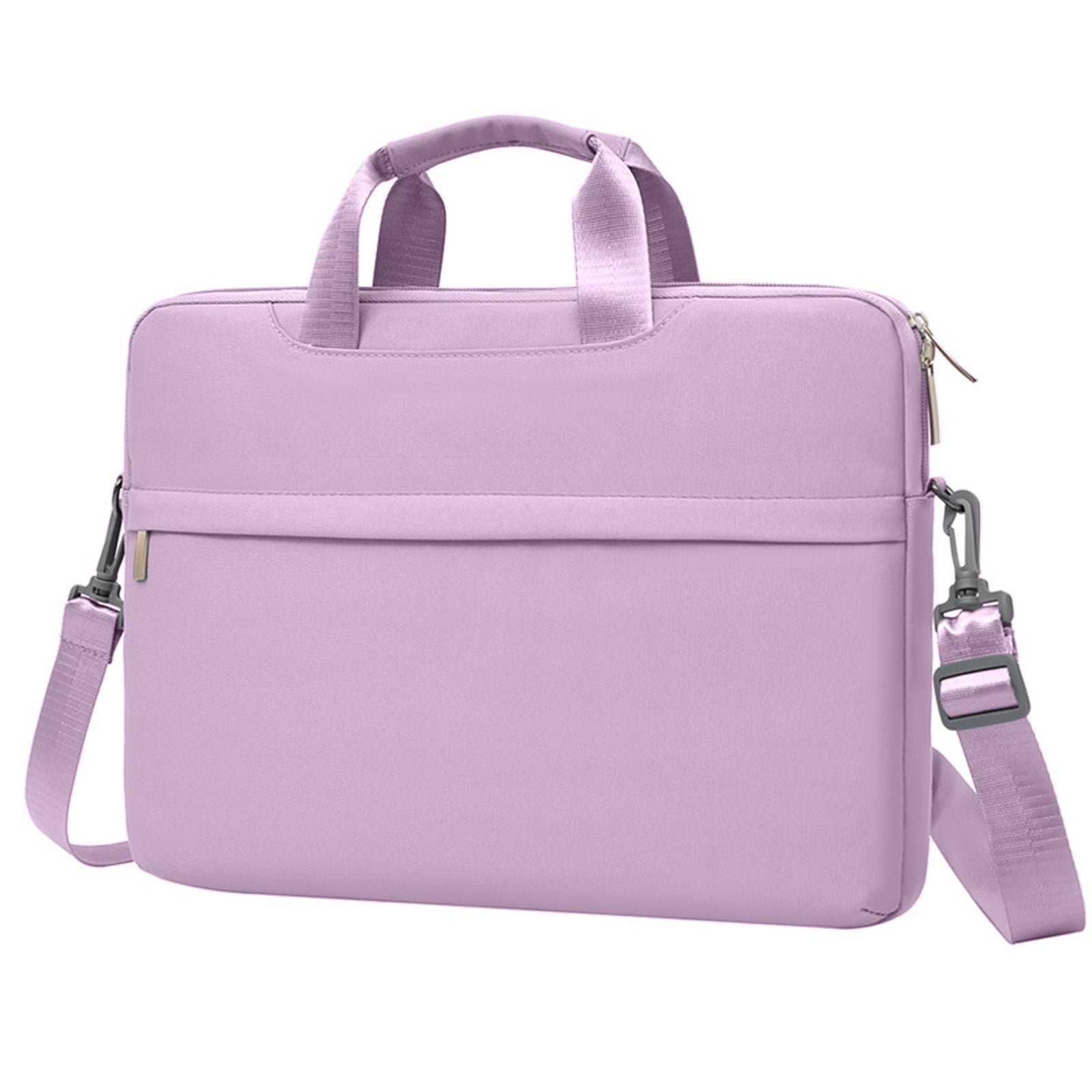 Eine lila Laptoptasche mit Henkel und Schulterriemen wird vor weißem Hintergrund gezeigt.