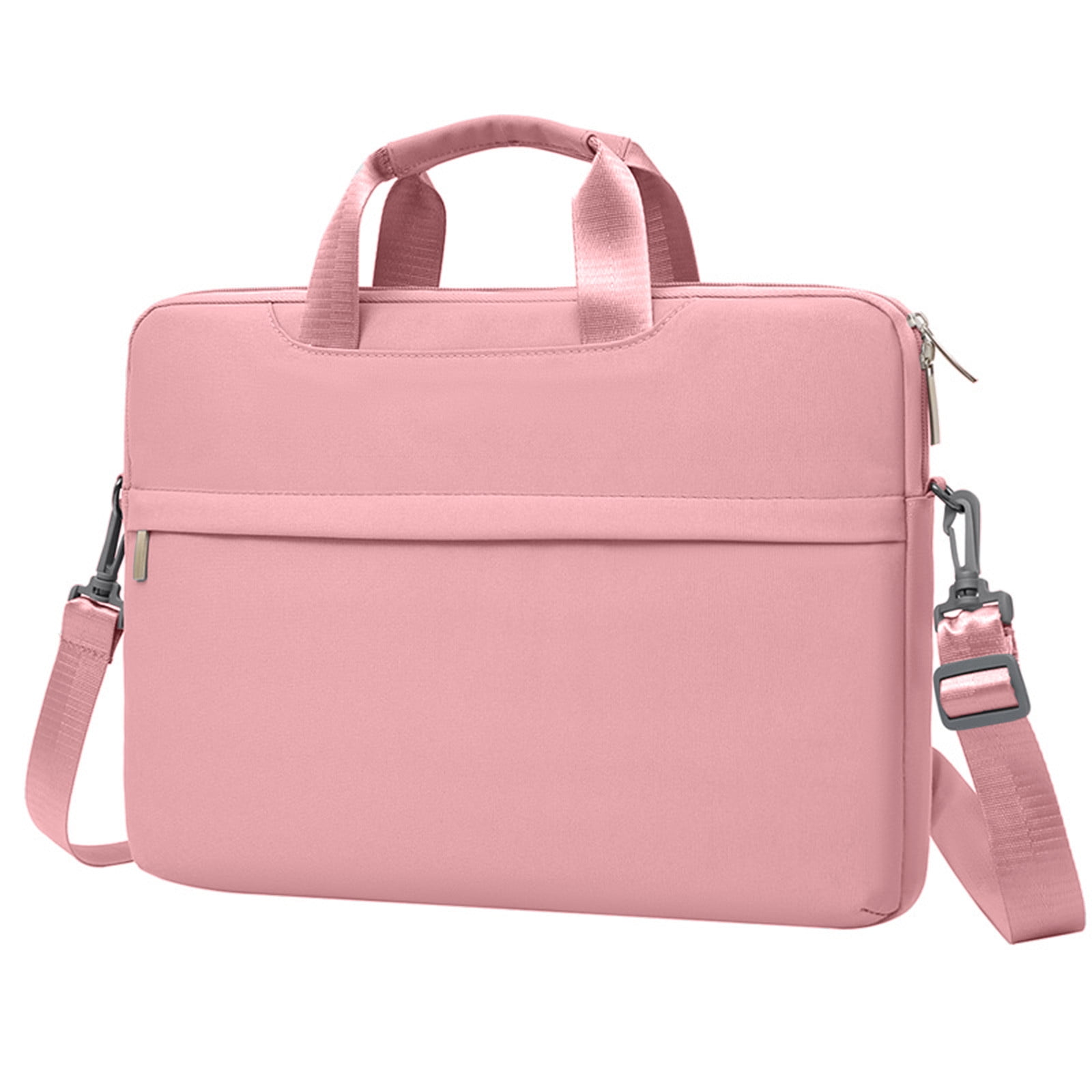 Eine rosa Laptoptasche mit Griff und Schultergurt auf weißem Hintergrund. Sie hat einen Reißverschluss und eine Tasche.