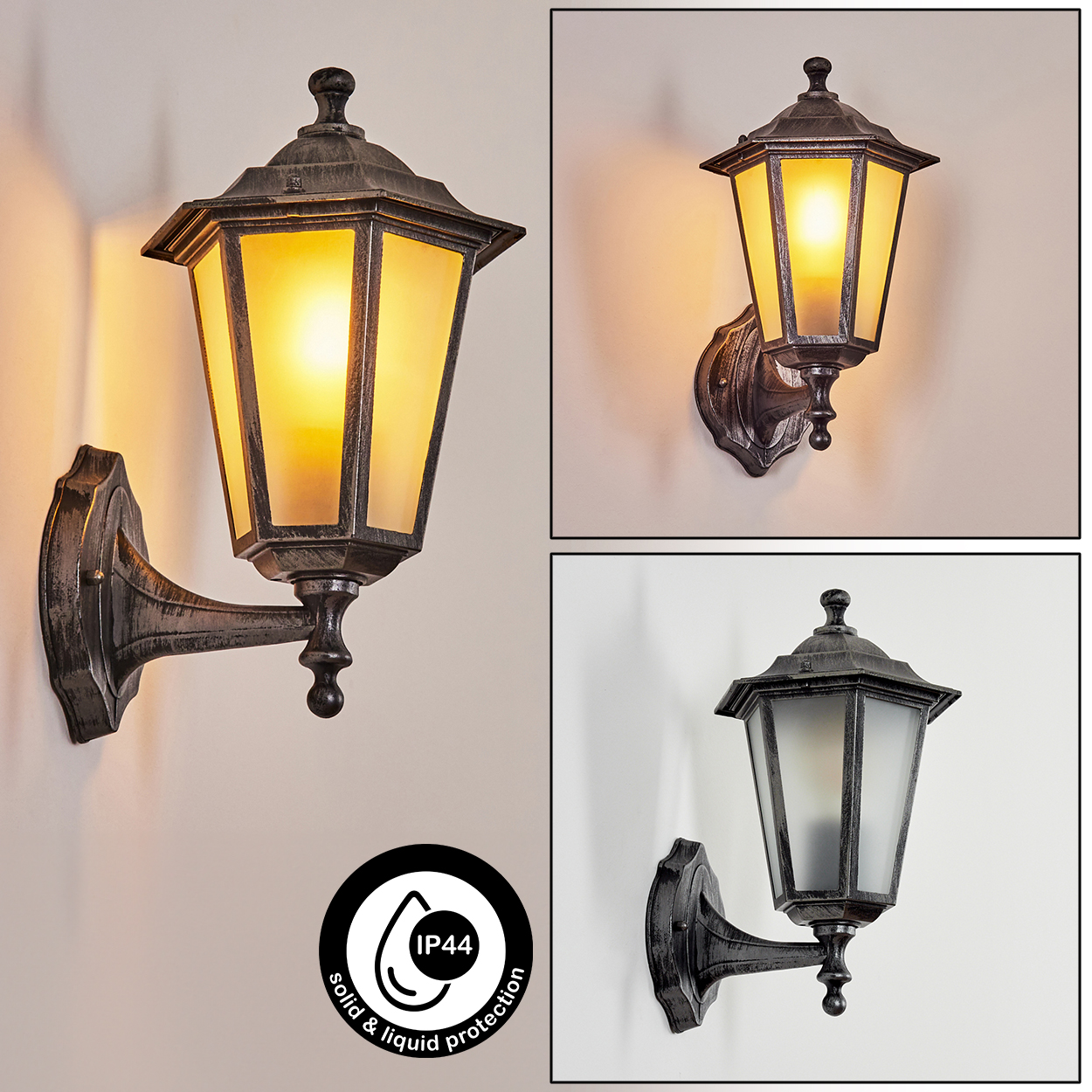 Drei Wand-Außenlampen mit Milchglas und einem IP44-Etikett für festen und flüssigen Schutz.