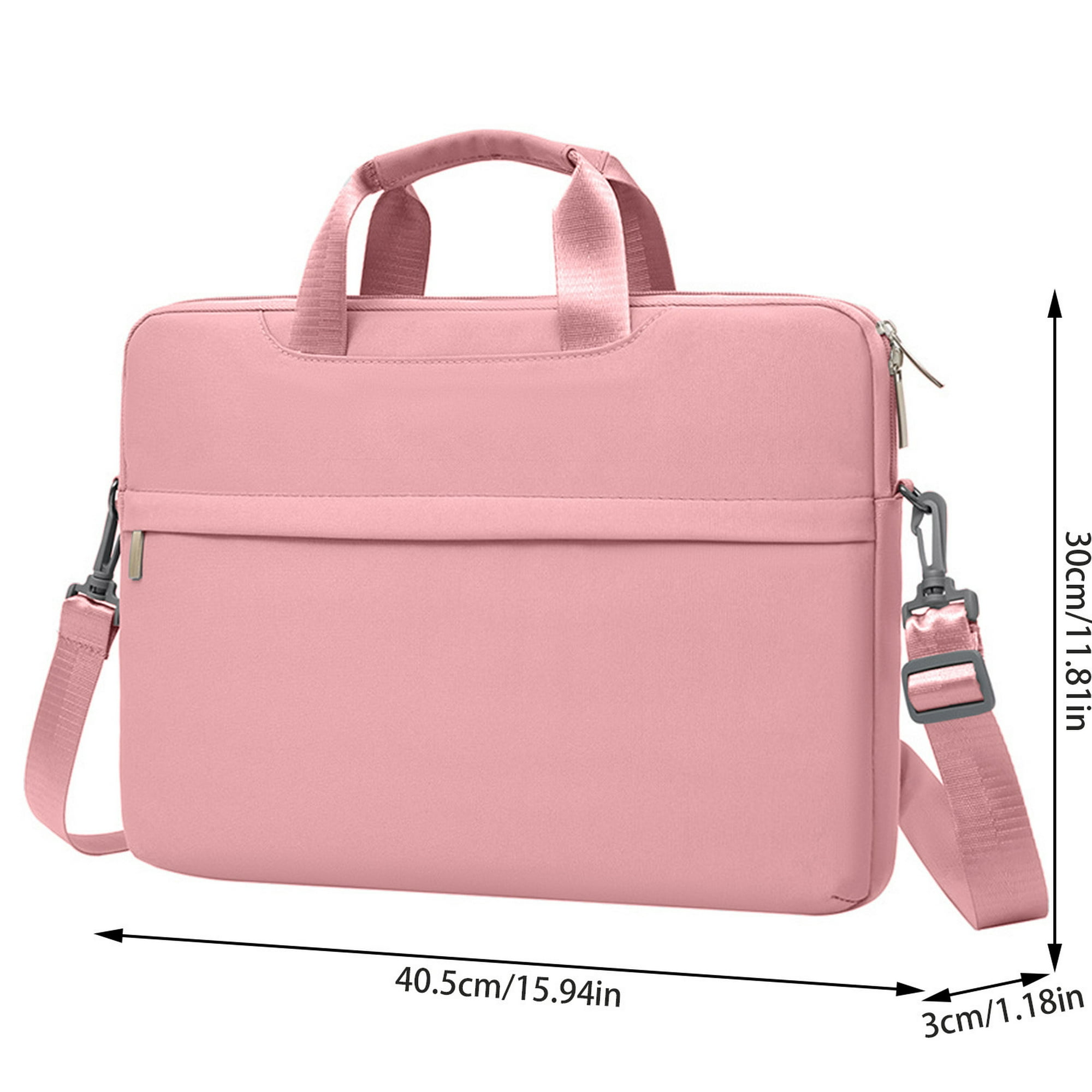 Eine rosa Laptoptasche mit Henkel und Schultergurt. Abmessungen werden neben der Tasche angezeigt.