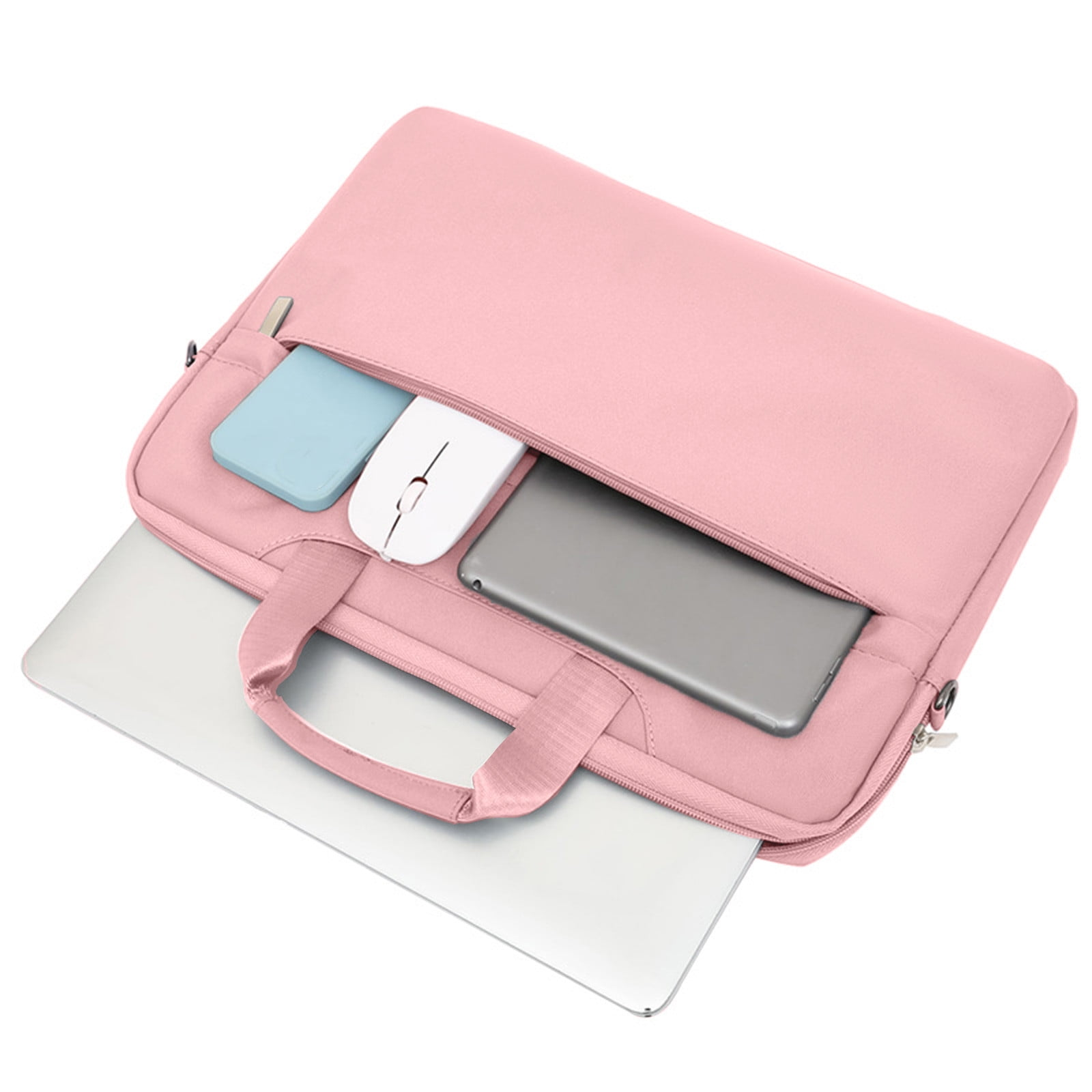 Rosa Laptoptasche mit Laptop, Tablet, Maus und Telefon. Mit Griff und Reißverschluss.