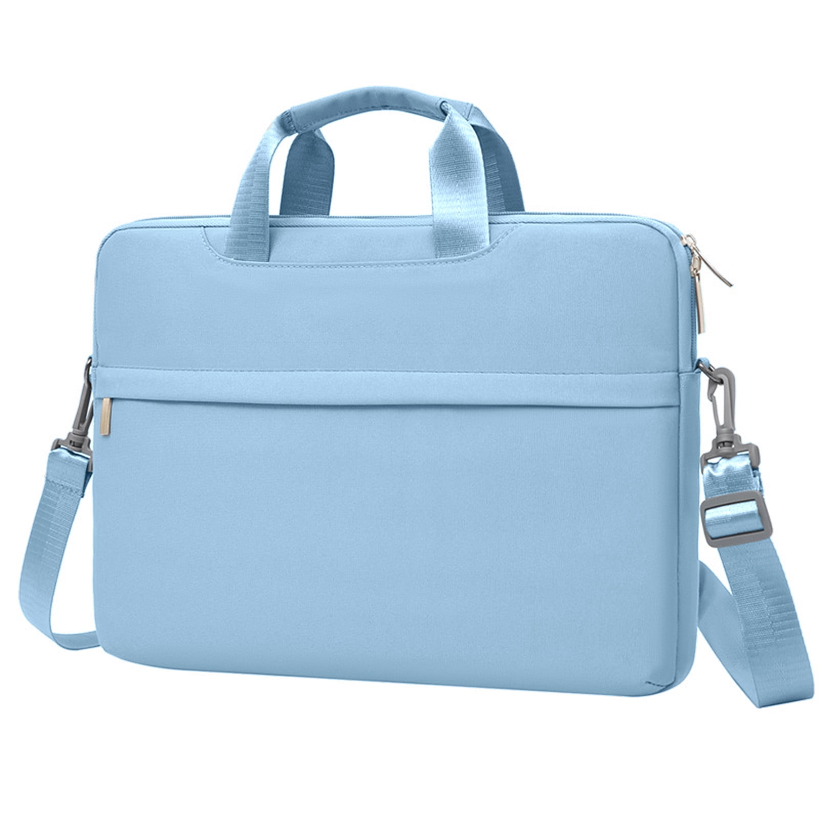 Eine hellblaue Laptoptasche mit Griff und Schultergurt. Mit Reißverschluss und Metallbeschlägen.