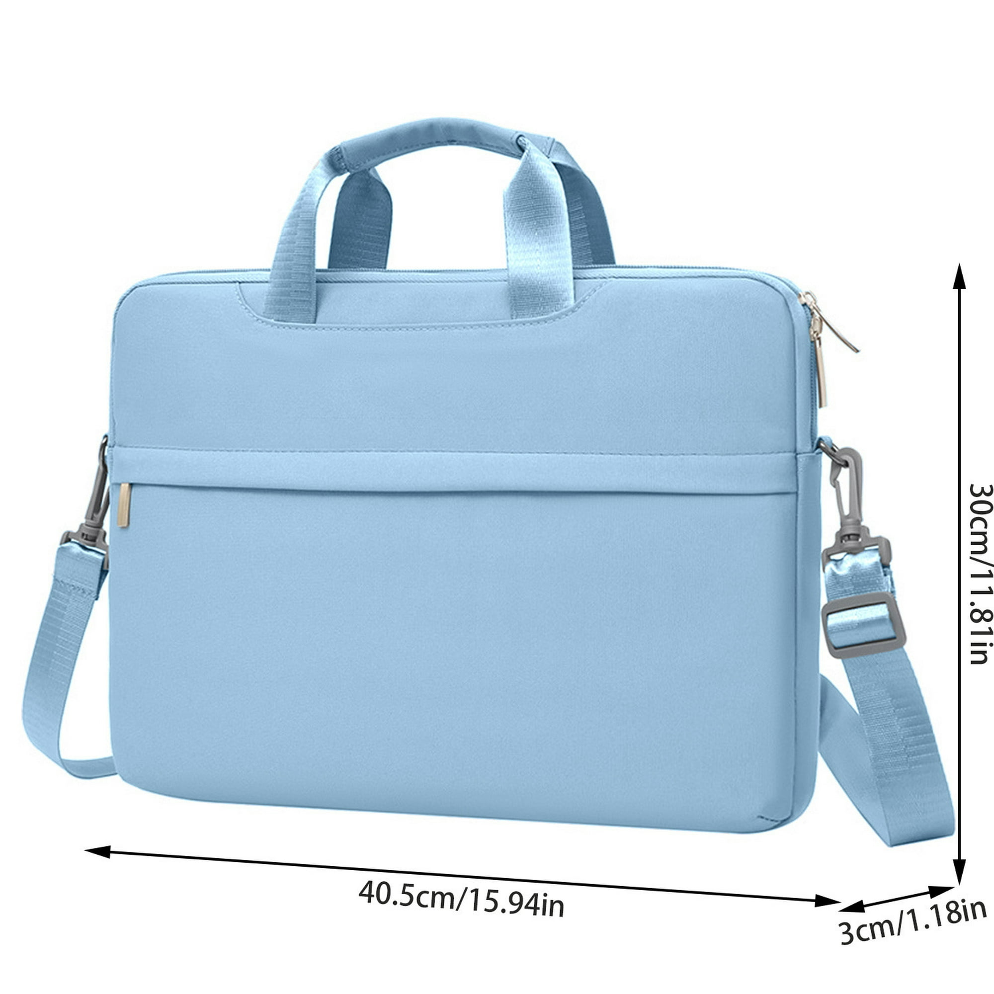 Eine hellblaue Laptoptasche mit Henkel und Schulterriemen. Sie hat Abmessungen in cm/Zoll.