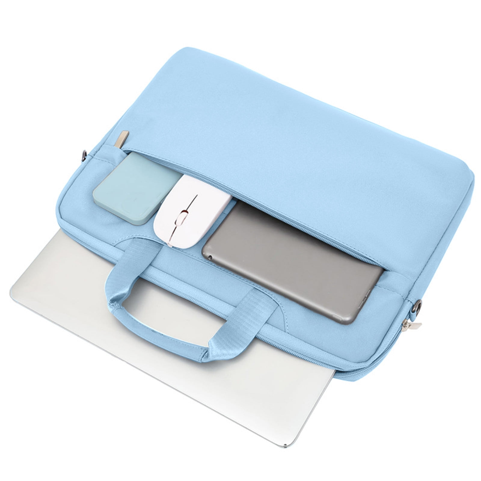 Eine hellblaue Laptoptasche mit Laptop, Tablet, Telefon und Maus. Die Tasche hat Griffe.