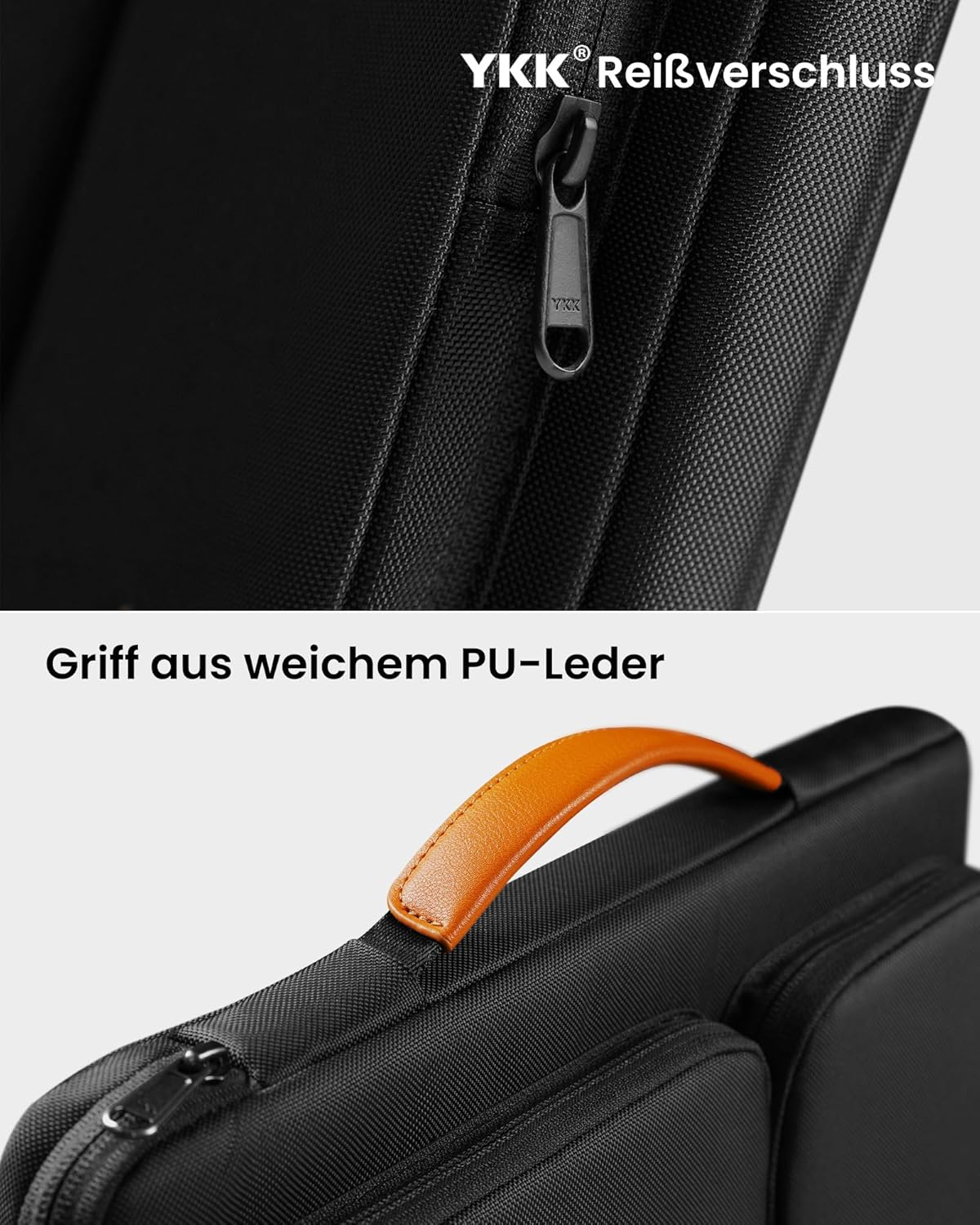 Schwarze Tasche mit Reißverschluss und orangefarbenem Griff. Die Tasche besteht aus Stoff. Auf dem Reißverschluss steht YKK. Der Griff ist aus PU-Leder.