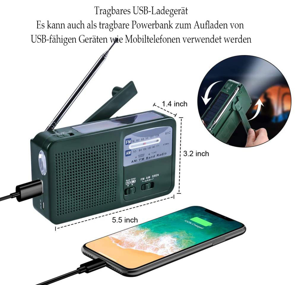 Grünes AM/FM-Radio mit Ladegerät für ein Telefon. Telefon zeigt 100% geladen an. Es ist ein tragbares USB-Ladegerät und eine Powerbank.