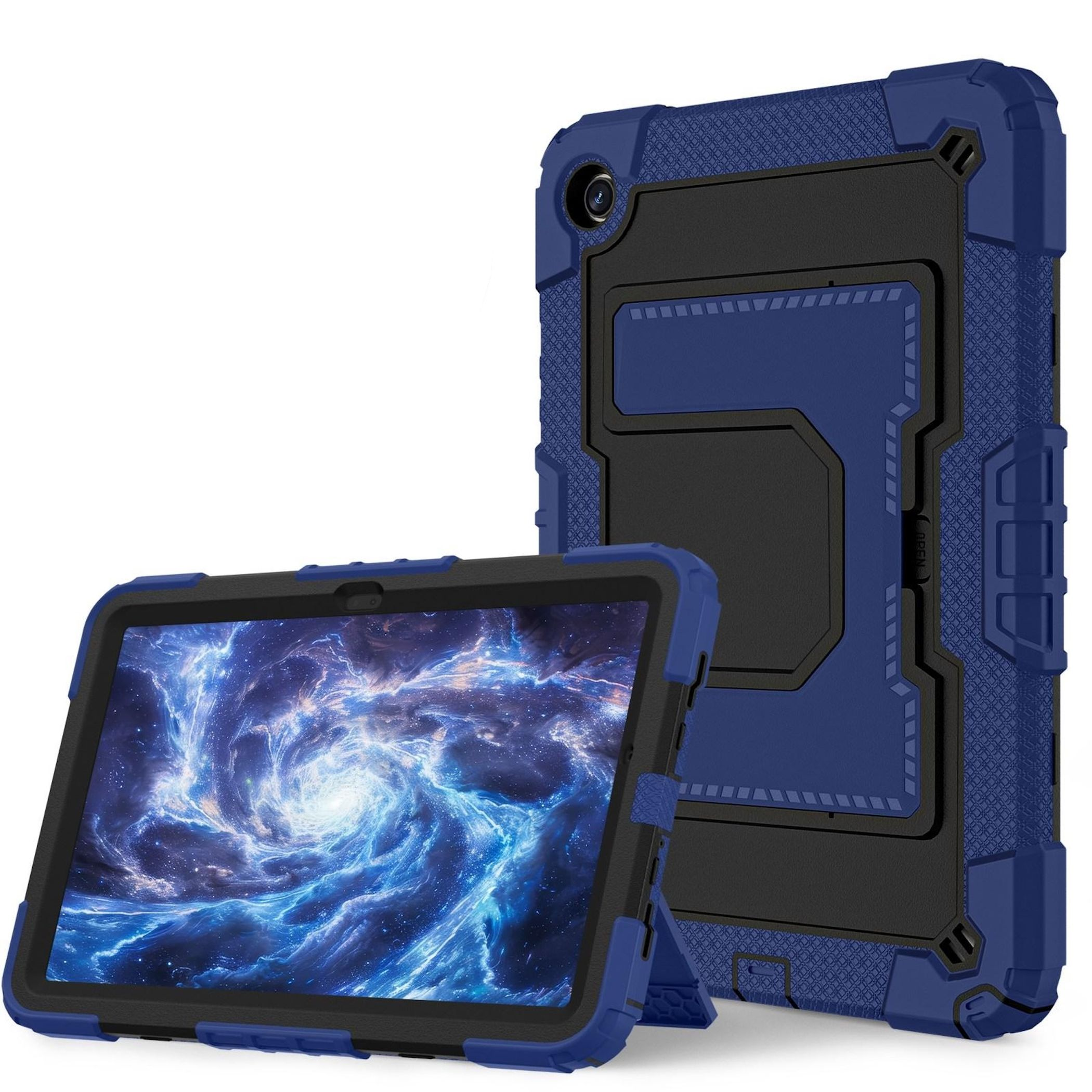 Blaue Tablet-Hülle mit Tablet, das ein Galaxienbild zeigt, und eine abnehmbare Hülle mit Ständer.