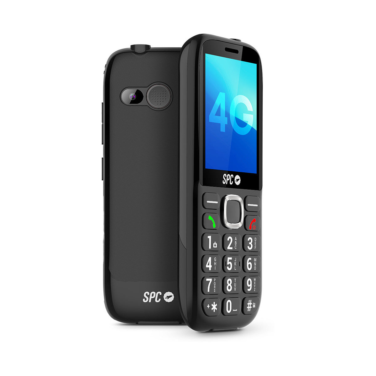 Ein schwarzes SPC 4G-Mobiltelefon wird angezeigt und zeigt den Bildschirm und die Tastatur. Dahinter befindet sich ein weiteres Telefon mit Kamera und Logo.