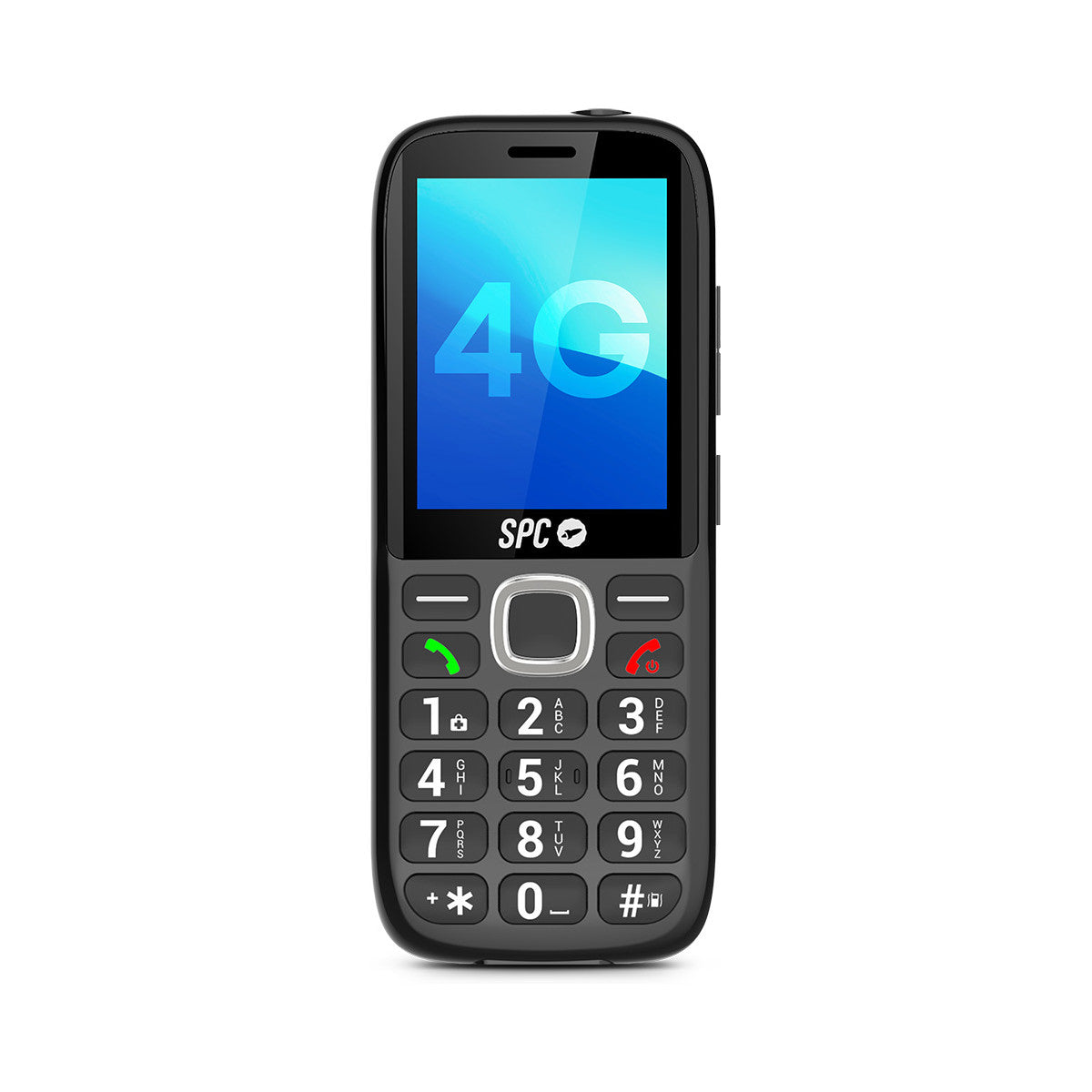 Ein schwarzes SPC-Mobiltelefon mit großen Tasten, einem 4G-Display und einer zentralen Navigationstaste. Das Telefon befindet sich auf weißem Hintergrund.