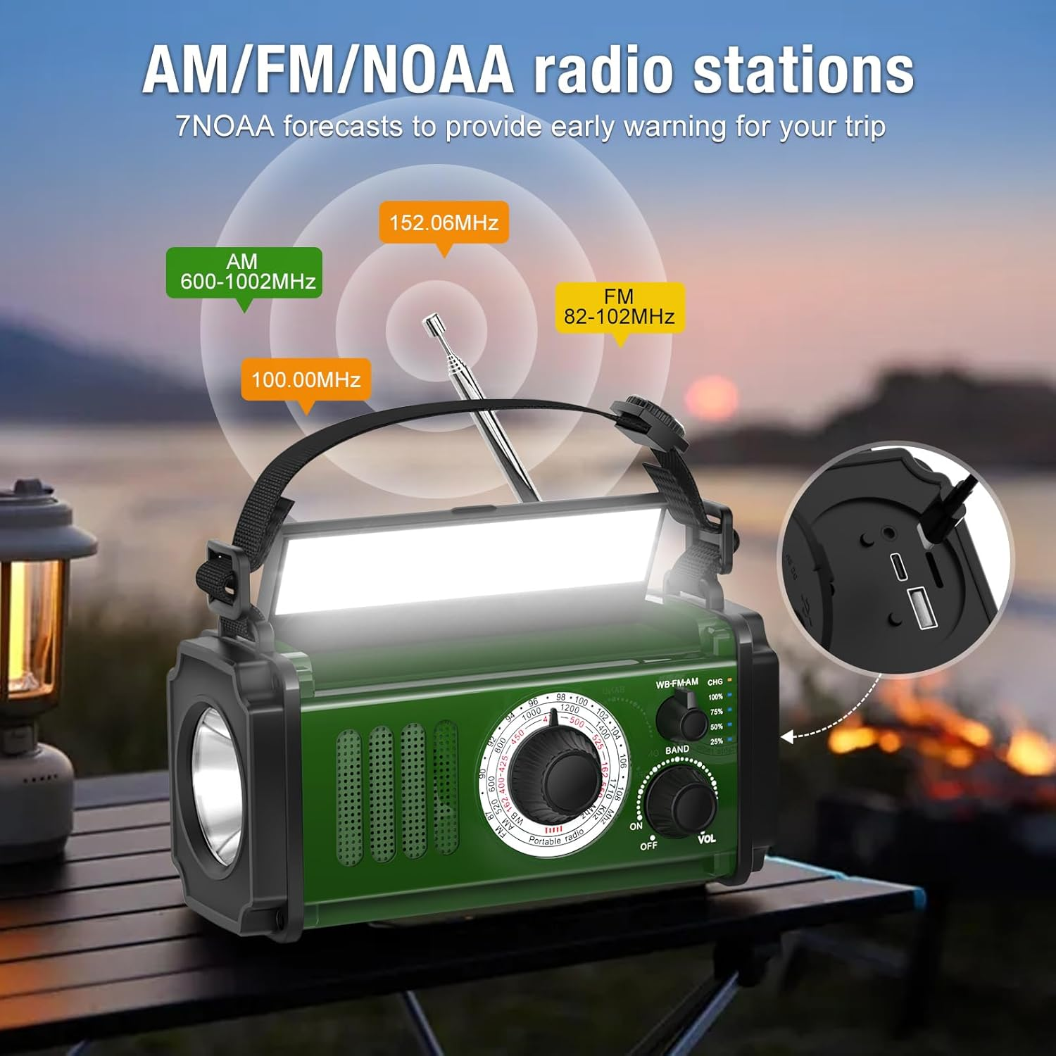 Ein grünes tragbares Radio mit Taschenlampe, Antenne und Ladeanschlüssen, das Radiofrequenzen und NOAA-Informationen anzeigt.