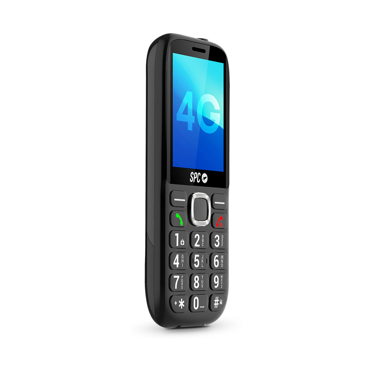 Ein schwarzes SPC 4G-Mobiltelefon. Der Bildschirm zeigt '4G'. Es hat eine Tastatur mit großen Tasten und eine Anruftaste.