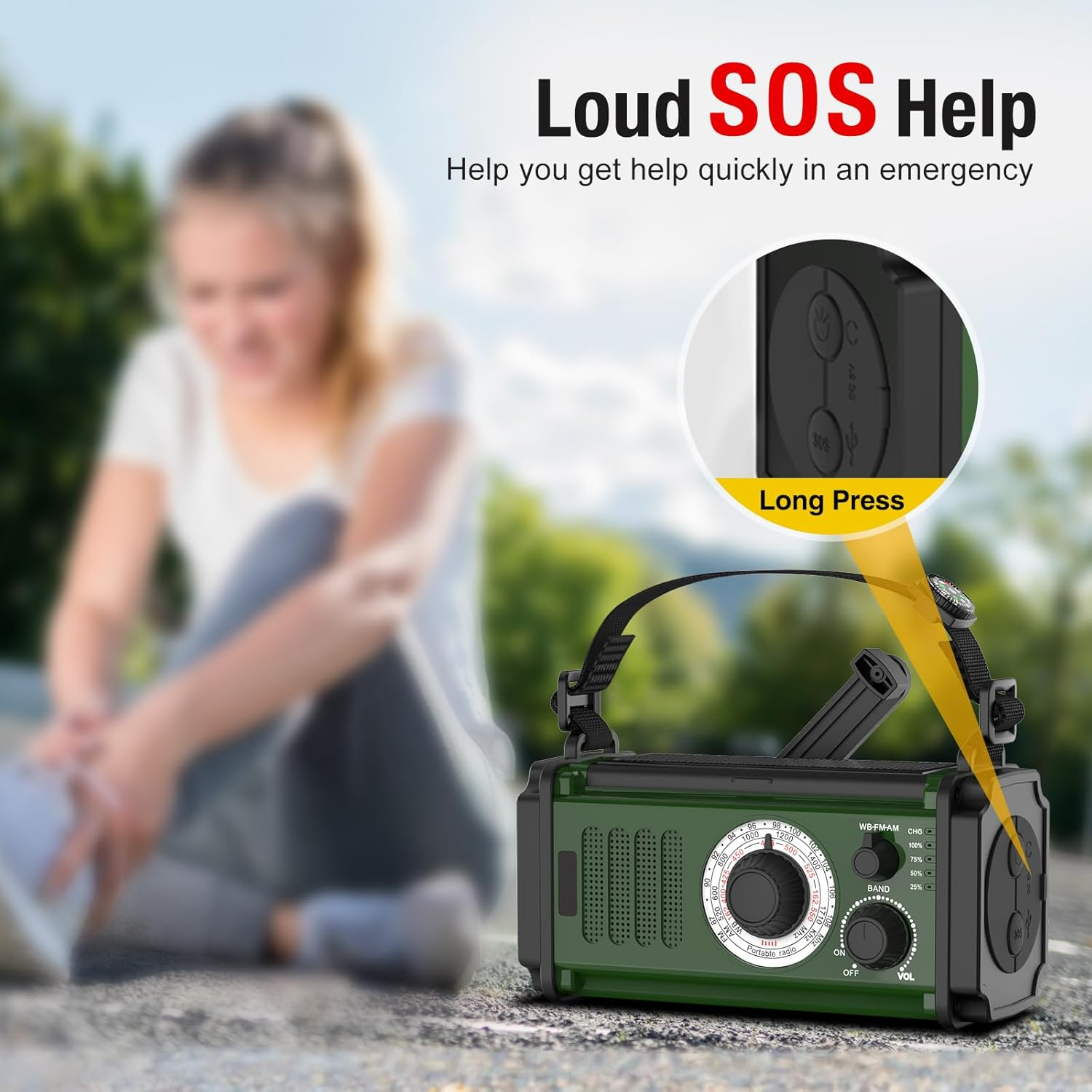 Ein grünes Notfallradio mit einer Frau im Hintergrund, Text sagt 'Loud SOS Help'.