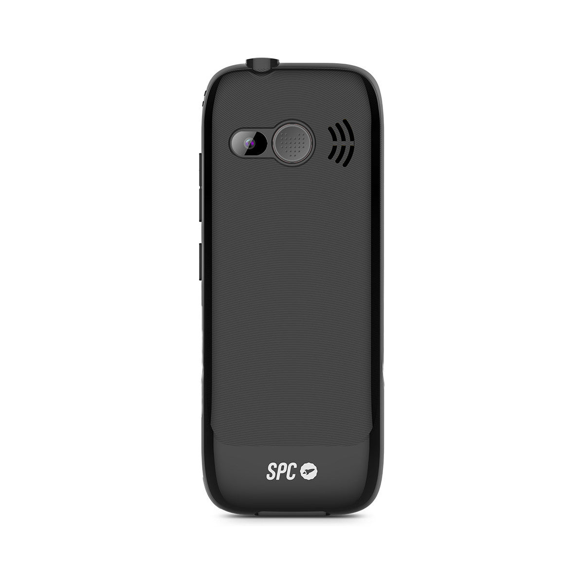 Schwarze Handy-Rückseite mit Kamera, Lautsprecher und Tasten. SPC-Logo unten. Das Telefon ist schlicht und einfach.