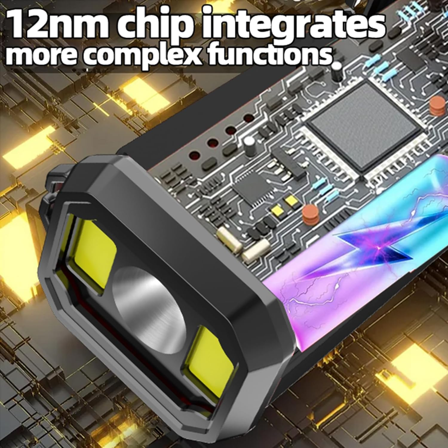 Nahaufnahme eines schwarzen Geräts mit Leiterplattendesign. Text oben lautet: "12nm Chip integriert komplexere Funktionen."