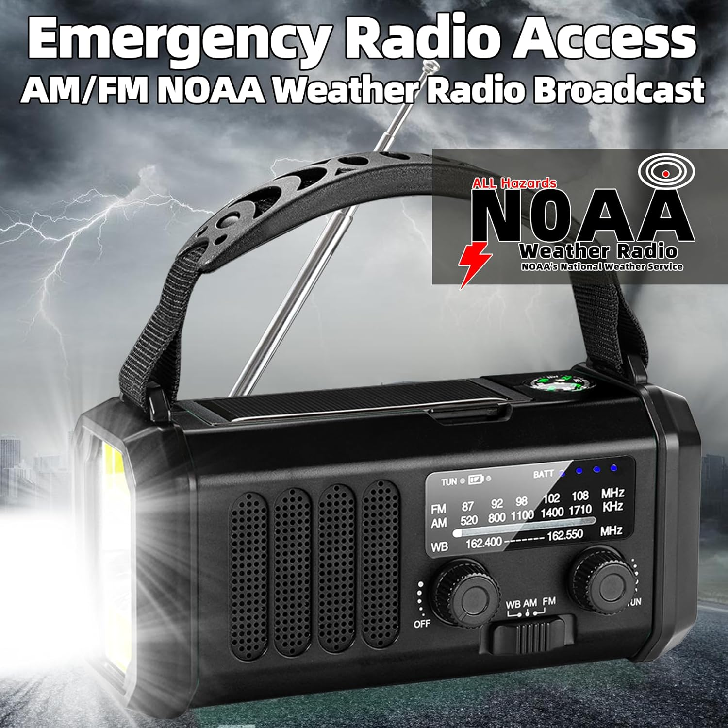 Schwarzes Notfallradio mit Griff, Taschenlampe und NOAA-Logo. Text: Notfallradiozugang. Blitze im Hintergrund.