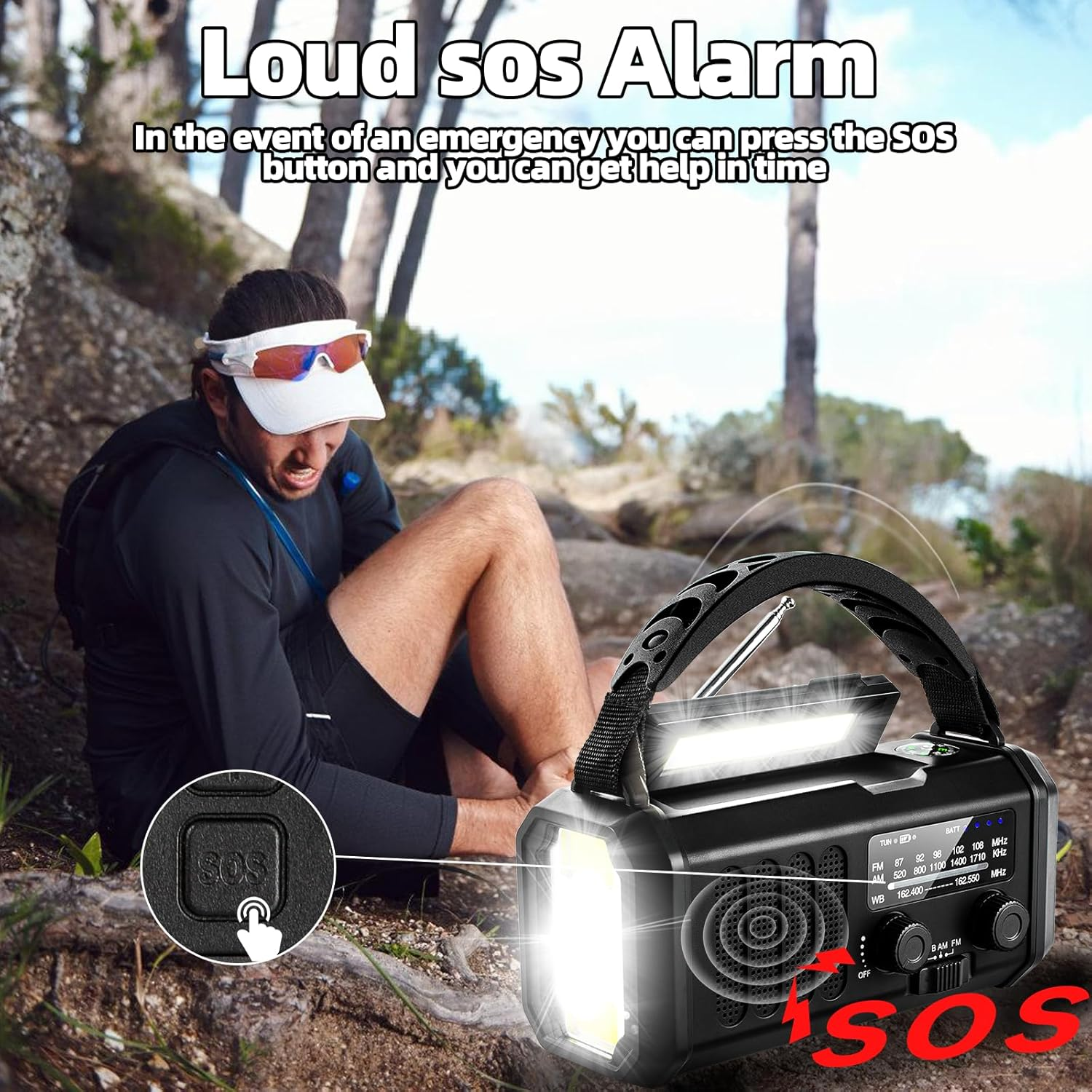 Ein Mann in Sportkleidung bedient ein SOS-Radio. Text: 'Loud SOS Alarm'. Das Radio hat ein Licht und eine SOS-Taste, vor verschwommenem Wald.
