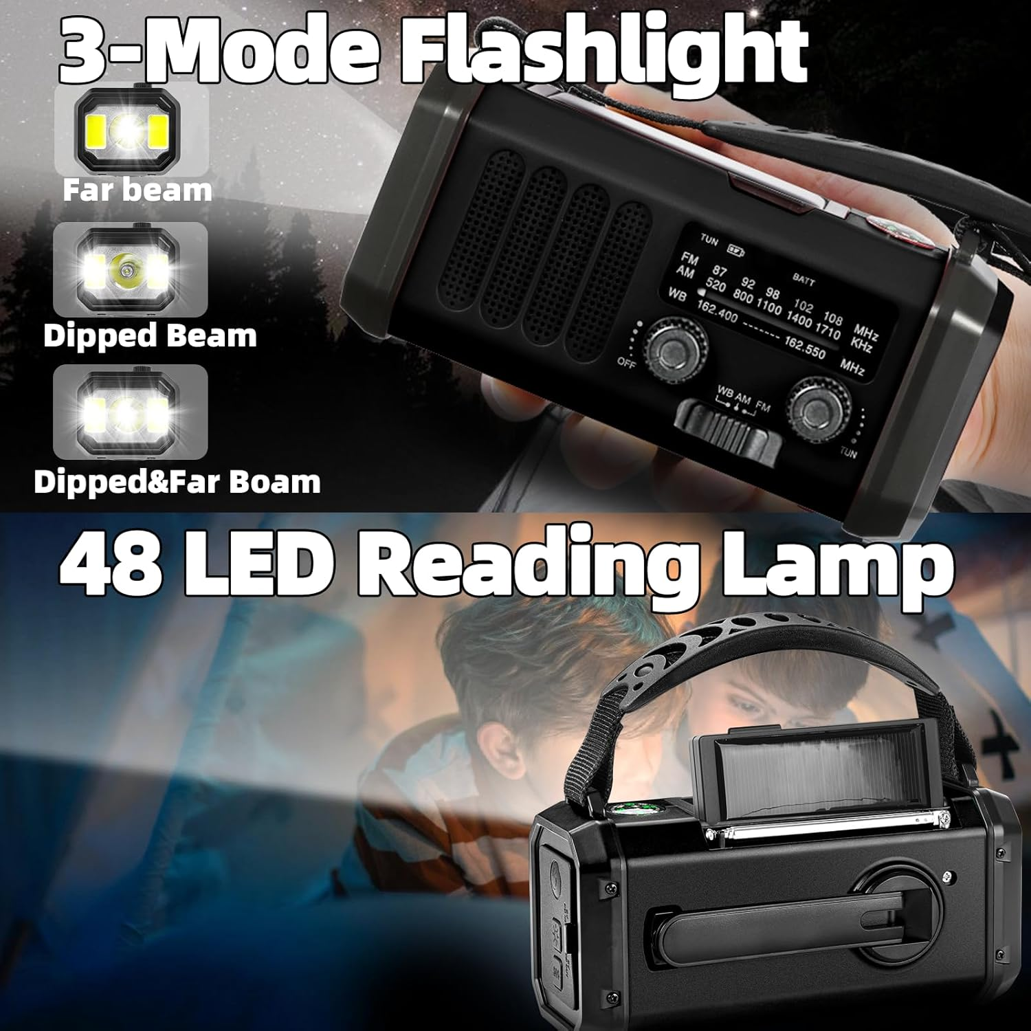 Das Bild zeigt eine 3-Modus-Taschenlampe mit Radio. Die Taschenlampe hat verschiedene Strahlmodi. Eine Leselampe ist ebenfalls vorhanden.