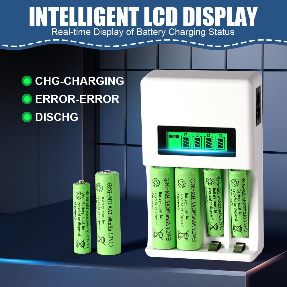 Das Bild zeigt ein Batterieladegerät, in dem vier grüne Batterien geladen werden. Das Ladegerät hat eine LCD-Anzeige.