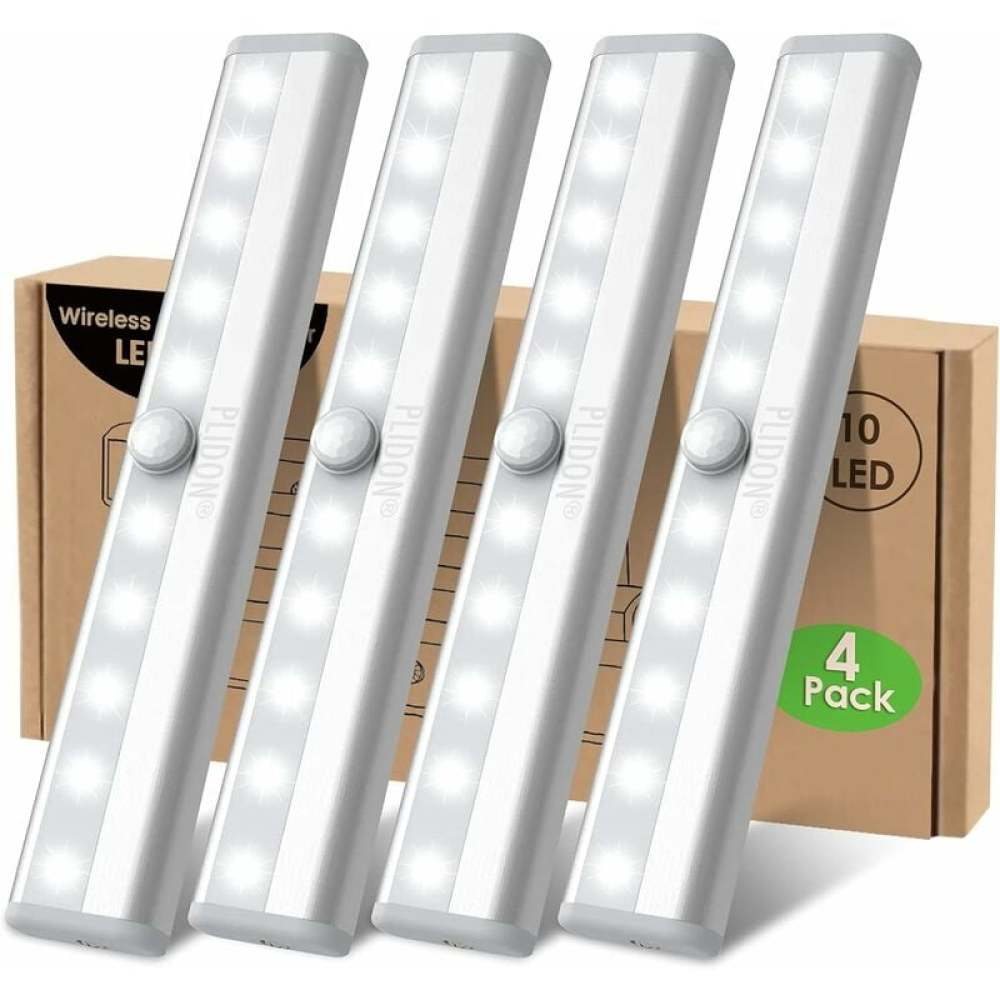 Vier weiße LED-Lichtleisten mit Bewegungssensoren, verpackt in einer braunen Schachtel mit der Aufschrift '4er-Pack' und '10 LED'.