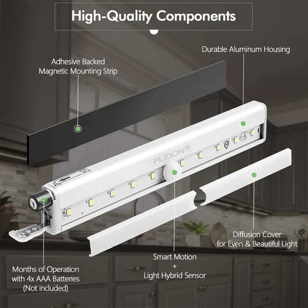 Ein weißer LED-Lichtstreifen mit beschrifteten Komponenten. Es enthält einen Magnetstreifen, ein Aluminiumgehäuse und eine Diffusorabdeckung.