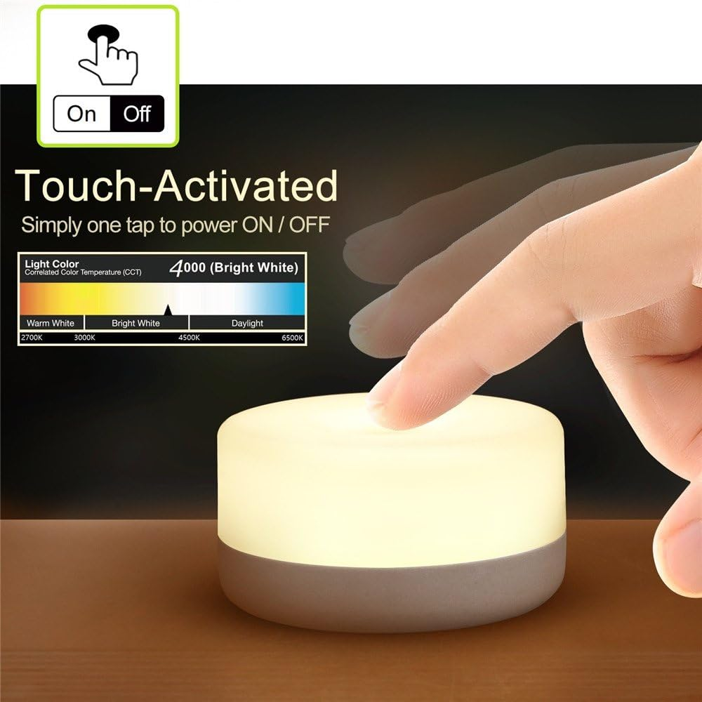 Eine Hand berührt eine berührungsaktivierte Lampe. Die Lampe ist weiß und grau. Text zeigt 'Touch-Activated' und 'Ein/Aus'.