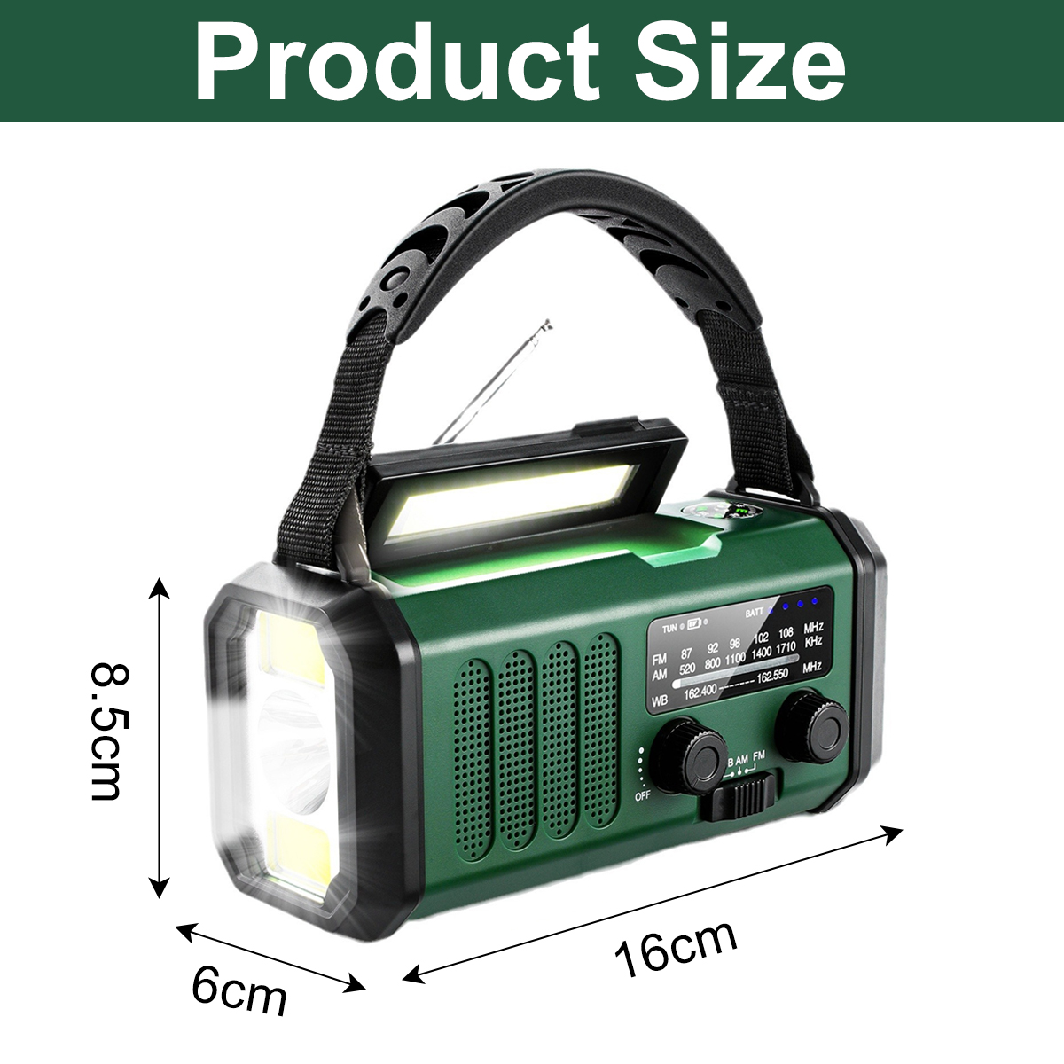 Grünes Notfallradio mit den Maßen 16cm x 8,5cm x 6cm. Verfügt über einen Griff, eine Taschenlampe, ein Radio-Zifferblatt und eine Ladeanzeige.