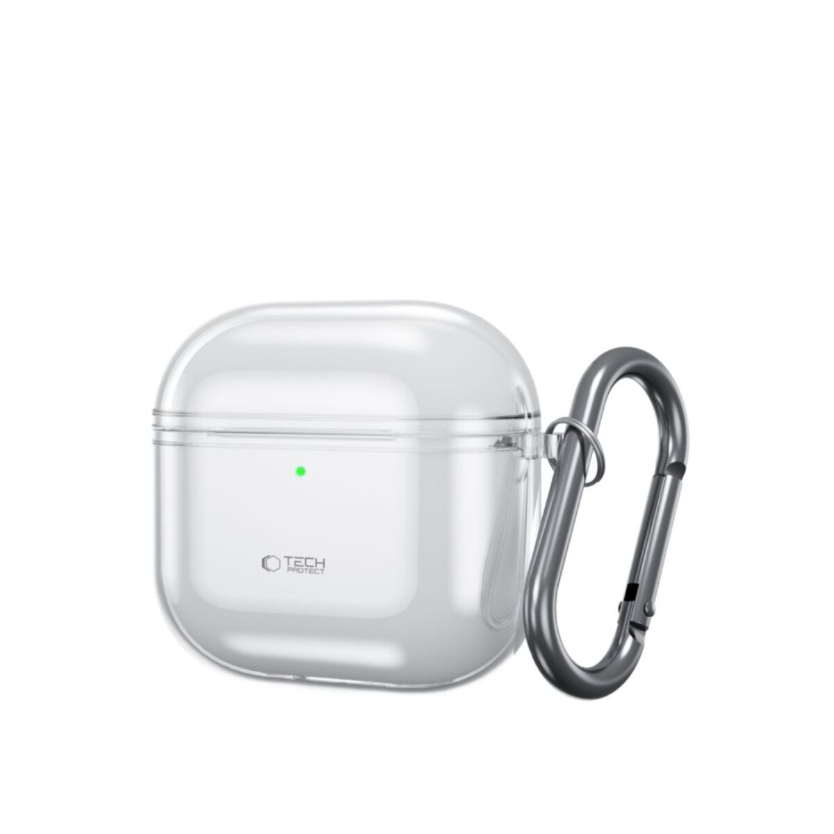 Een transparante AirPod-case met een zilveren karabijnhaak. De case heeft een groene LED en het 'Tech Protect'-logo.