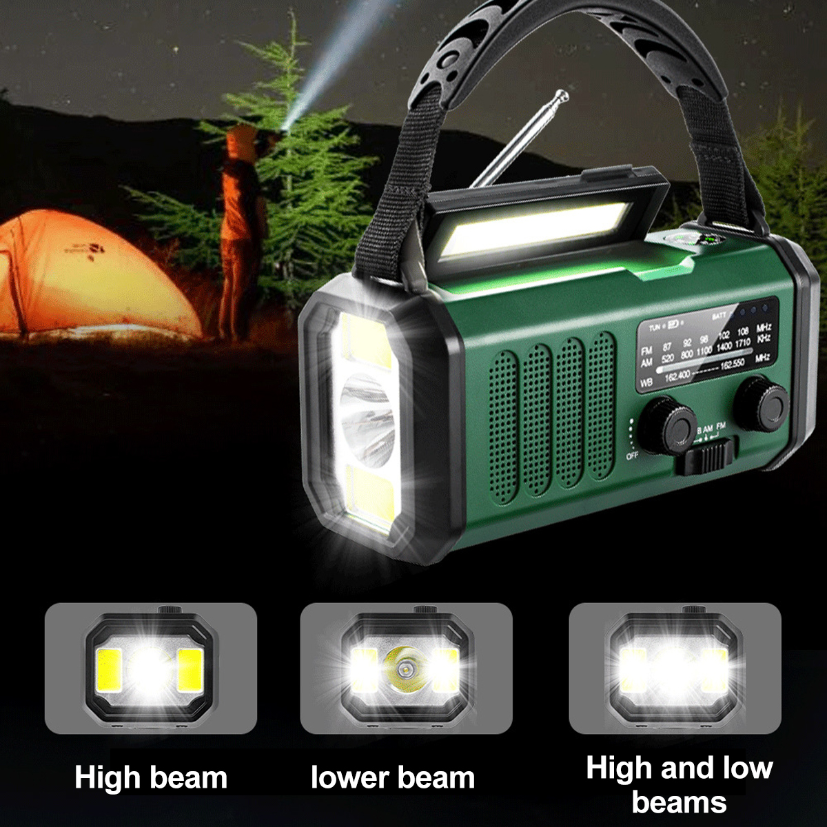 Ein grünes Taschenradio-Kombigerät. Enthält eine Taschenlampe, einen Griff und ein Radiowahlrad. Im Hintergrund eine Person mit Zelt und Bäumen.