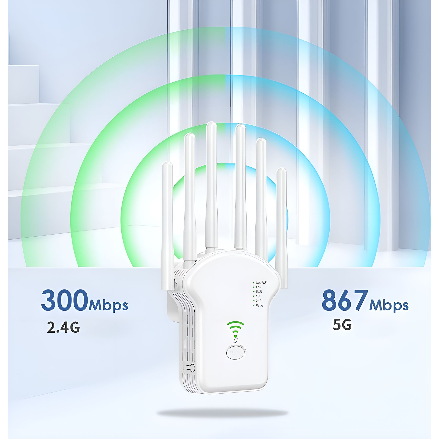Weißer WLAN-Extender mit Antennen. Zeigt 300 Mbit/s/2,4G und 867 Mbit/s/5G. Grüne und blaue Signalbögen im Hintergrund.