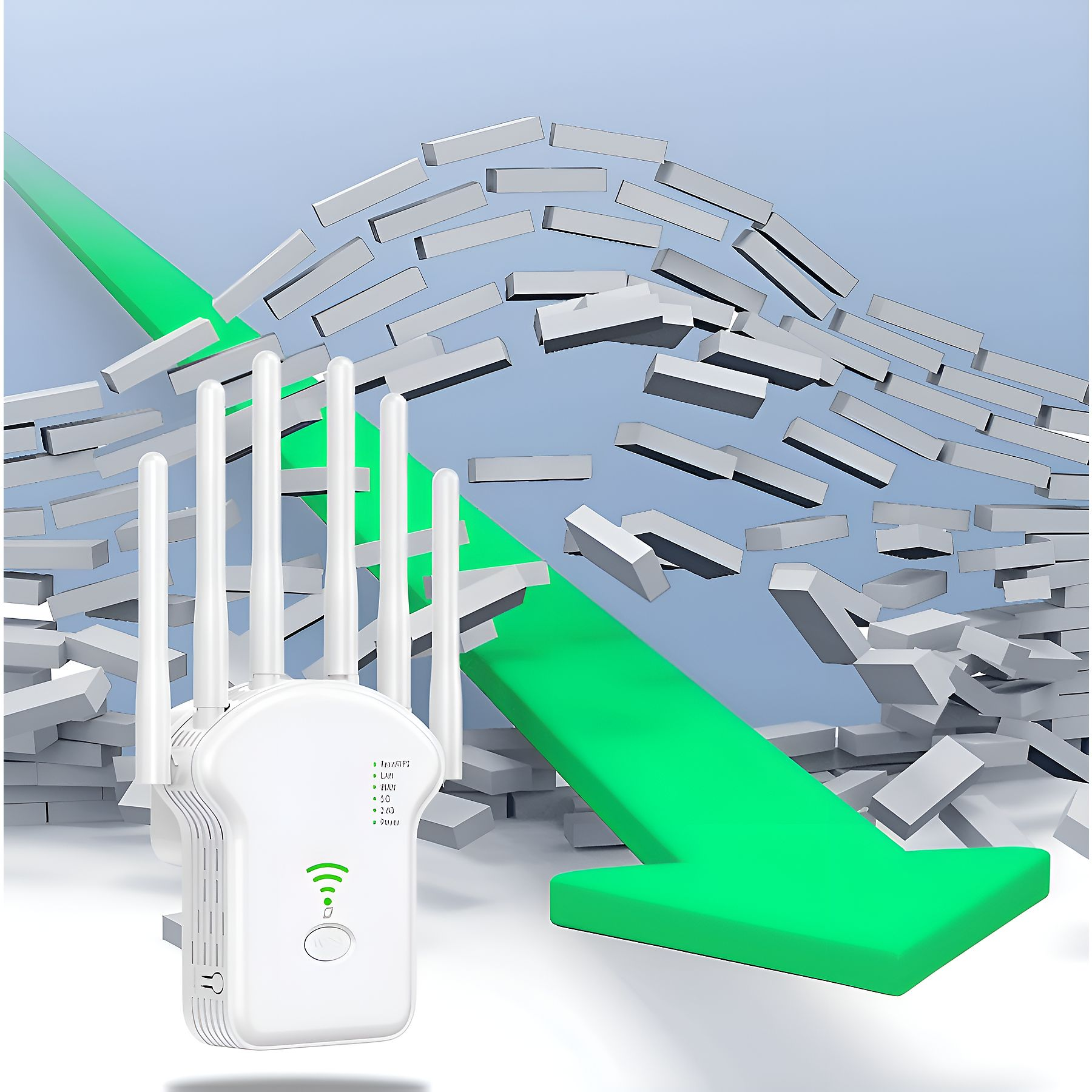 Weißer WLAN-Extender mit Antennen und grüner Pfeil durchbricht eine Wand aus weißen Blöcken.